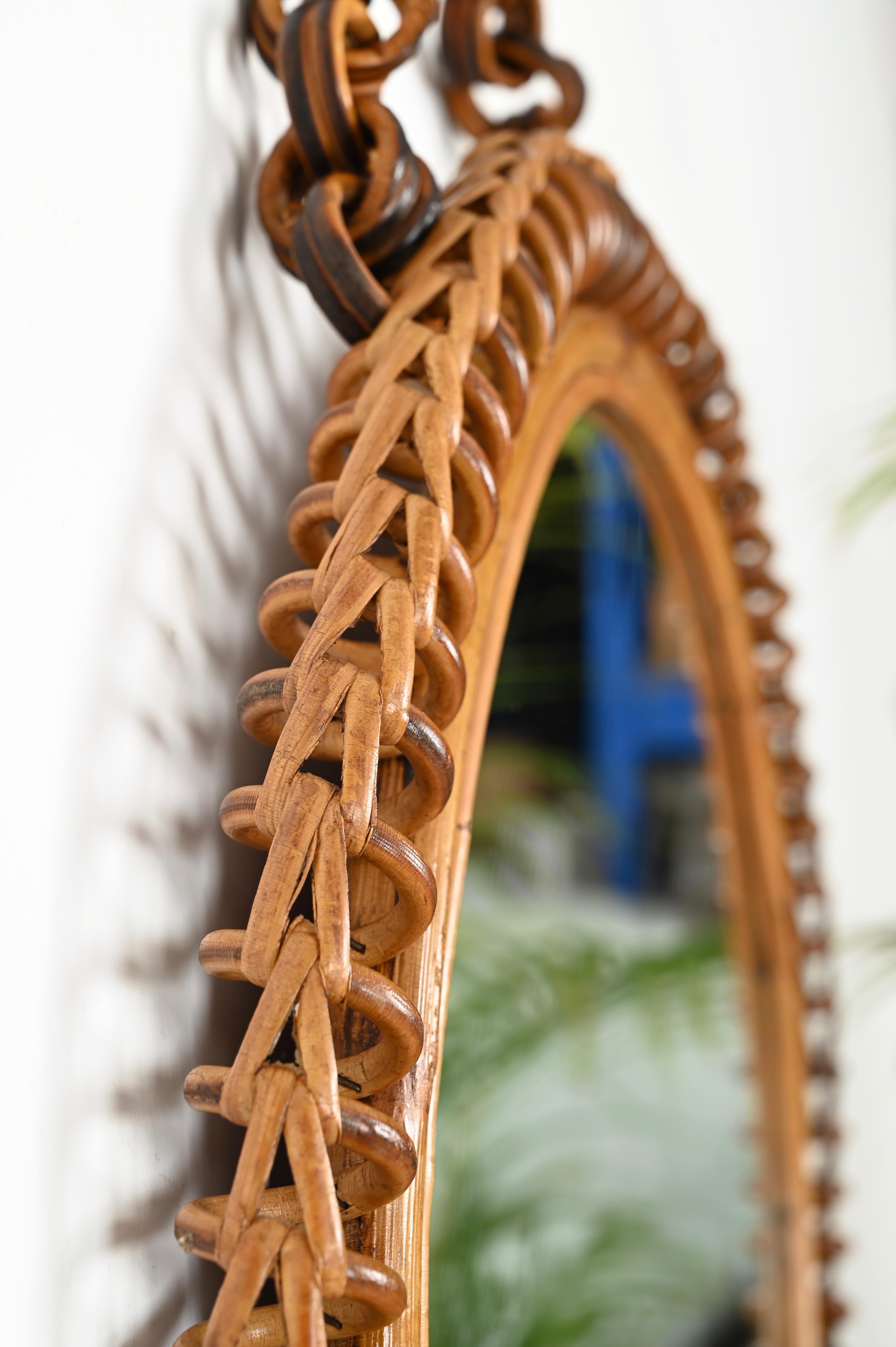 French Riviera Round Mirror in Spiral Rattan, Wicker and Bamboo, Italy 1960s For Sale 5