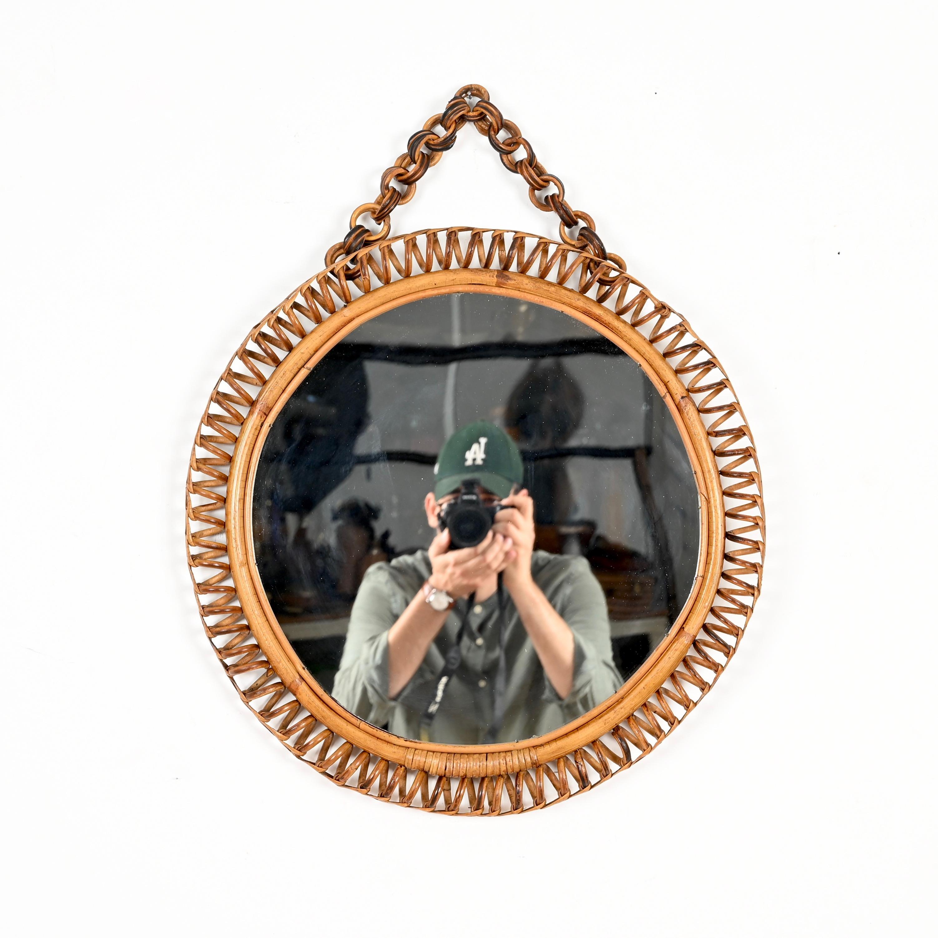 French Riviera Round Mirror in Spiral Rattan, Wicker and Bamboo, Italy 1960s For Sale 6