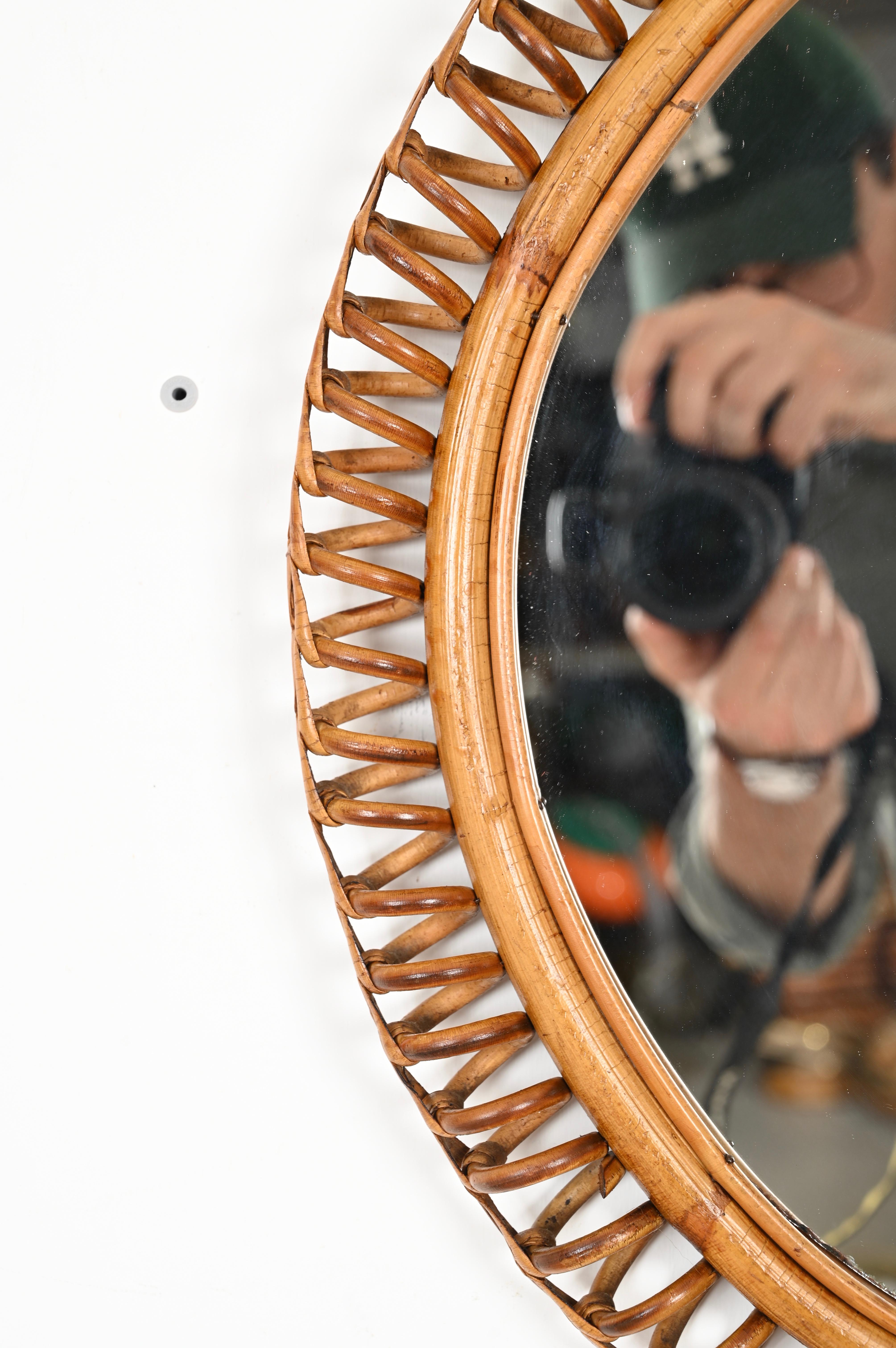French Riviera Round Mirror in Spiral Rattan, Wicker and Bamboo, Italy 1960s For Sale 7