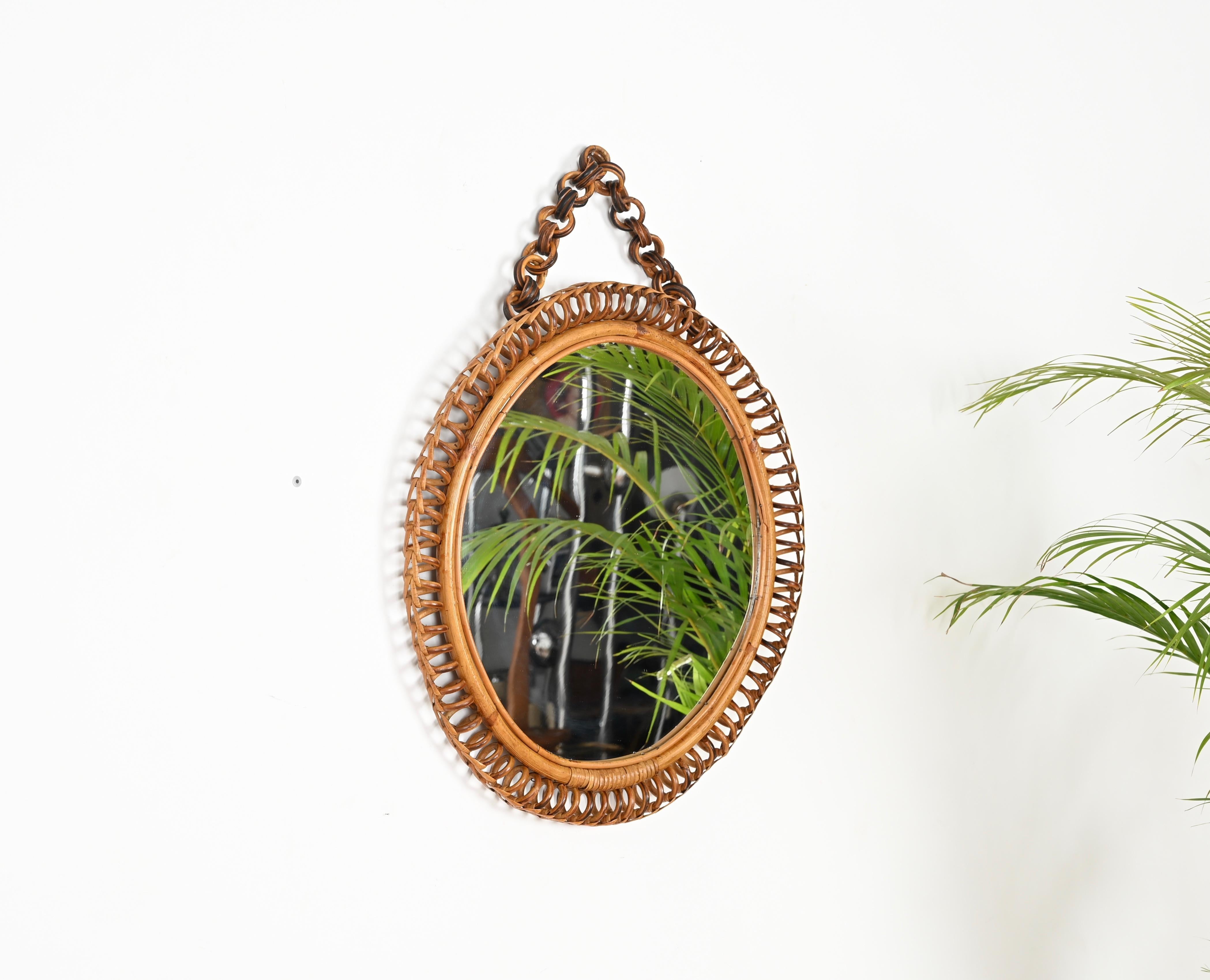 Mid-Century Modern French Riviera Round Mirror in Spiral Rattan, Wicker and Bamboo, Italy 1960s For Sale