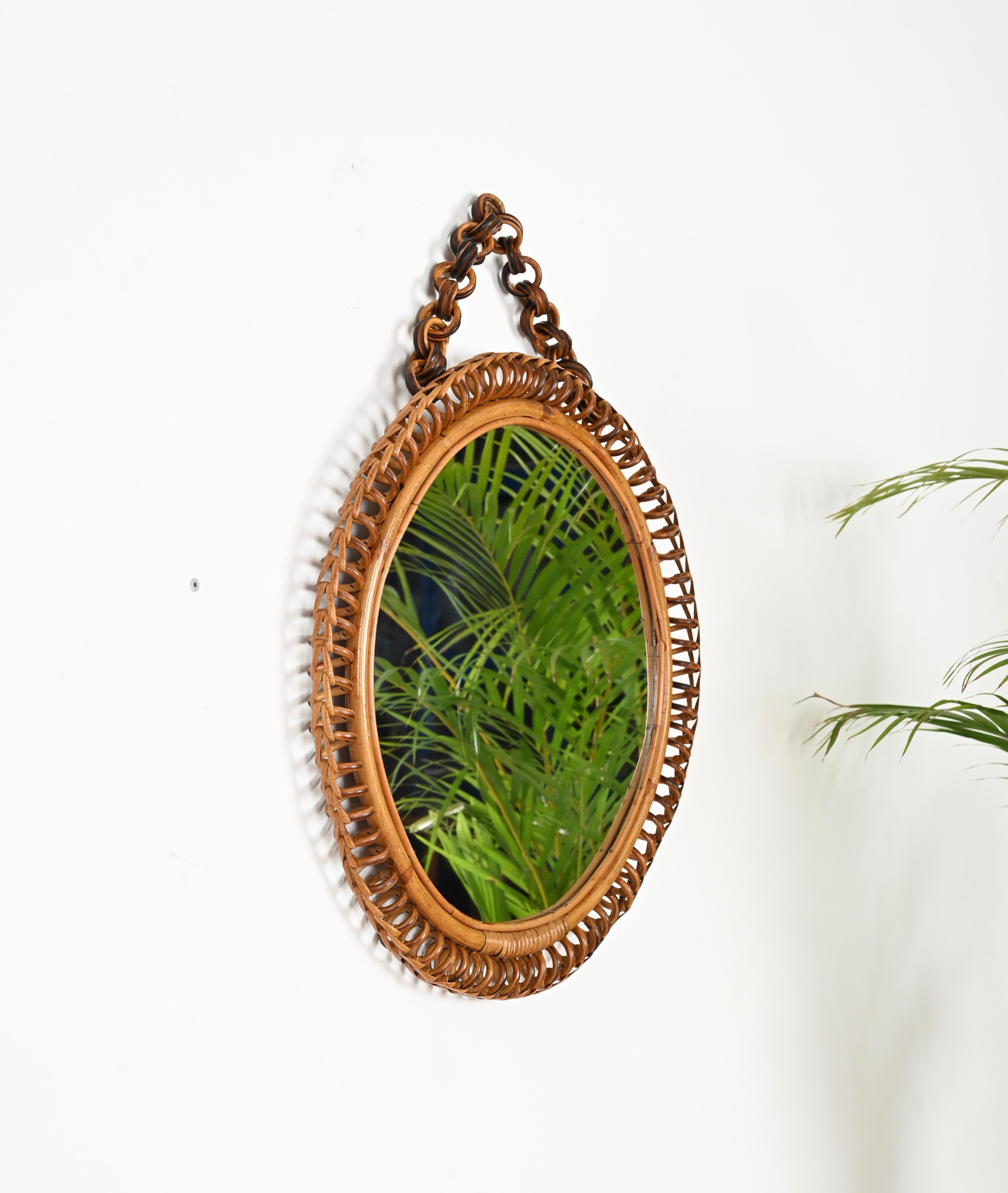 Italian French Riviera Round Mirror in Spiral Rattan, Wicker and Bamboo, Italy 1960s For Sale