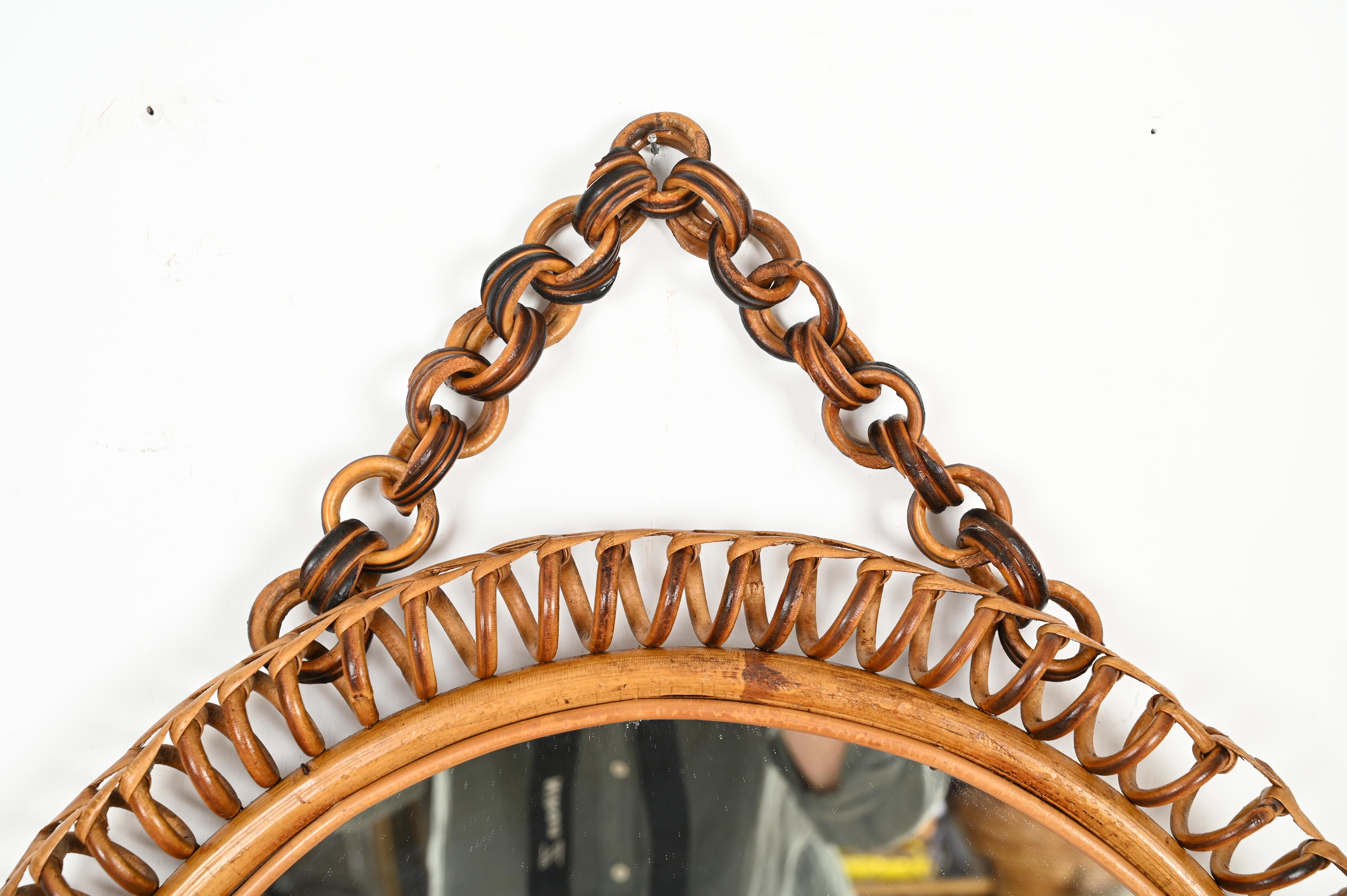 Hand-Crafted French Riviera Round Mirror in Spiral Rattan, Wicker and Bamboo, Italy 1960s For Sale