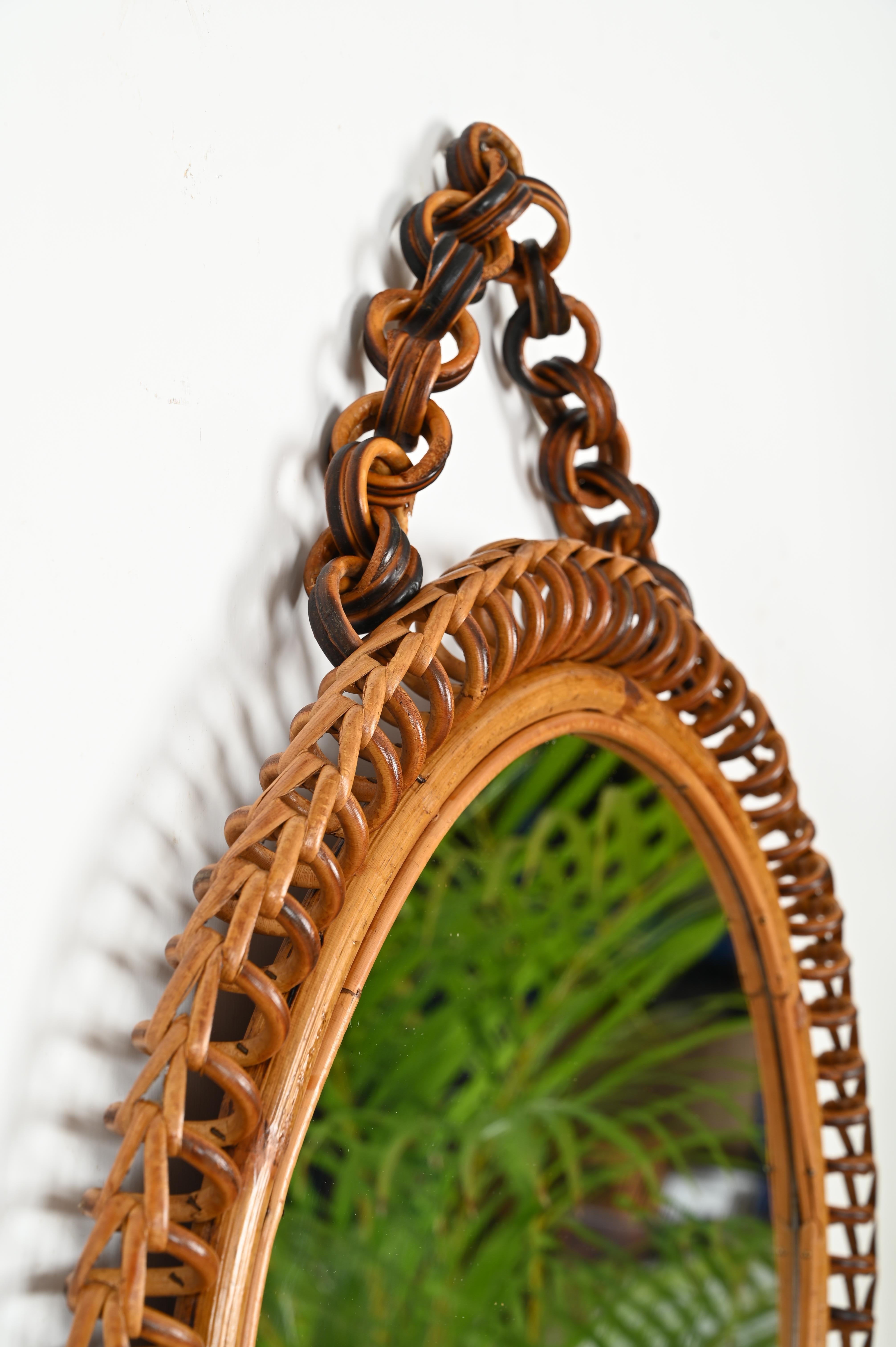 French Riviera Round Mirror in Spiral Rattan, Wicker and Bamboo, Italy 1960s In Good Condition For Sale In Roma, IT