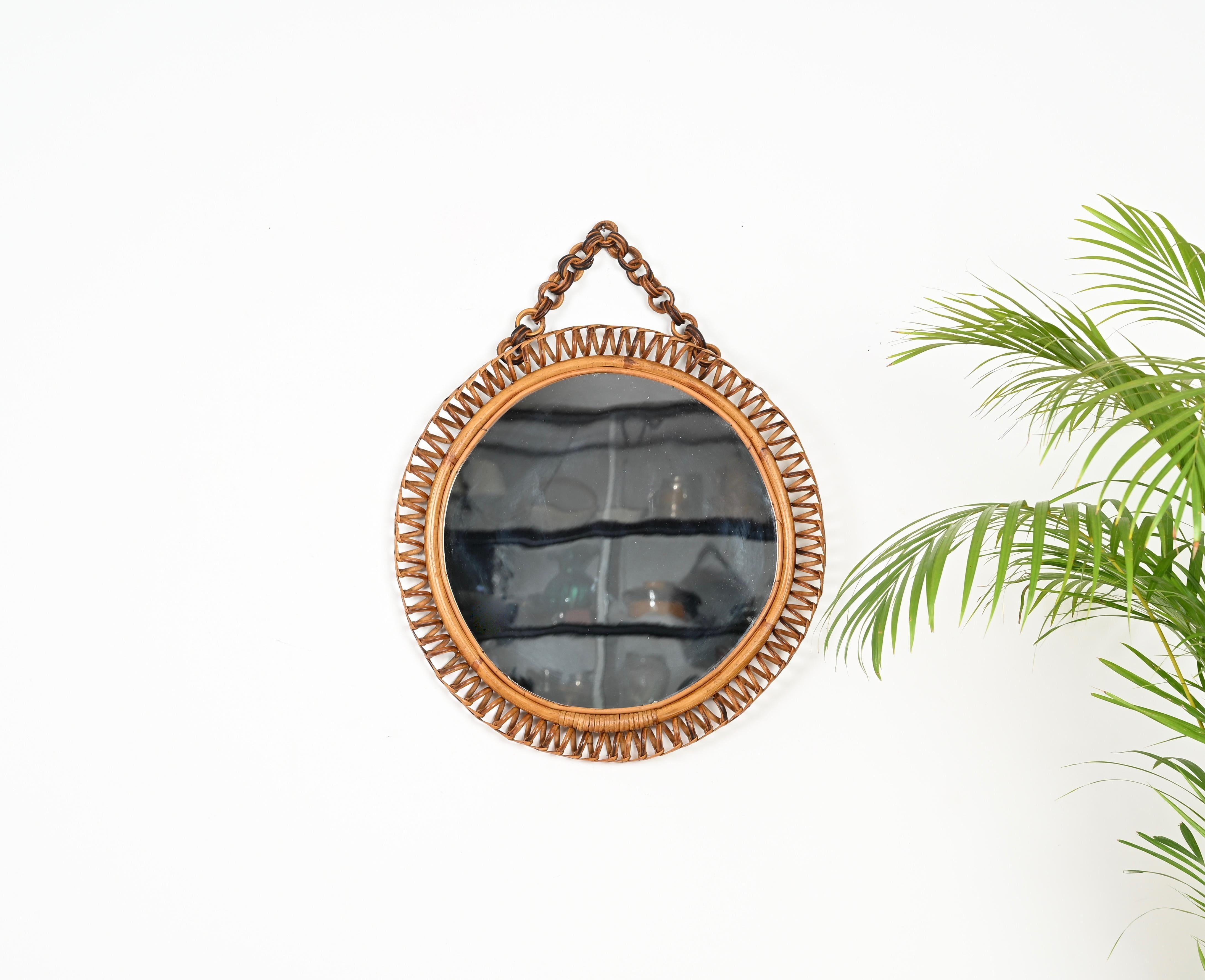 Mid-20th Century French Riviera Round Mirror in Spiral Rattan, Wicker and Bamboo, Italy 1960s For Sale