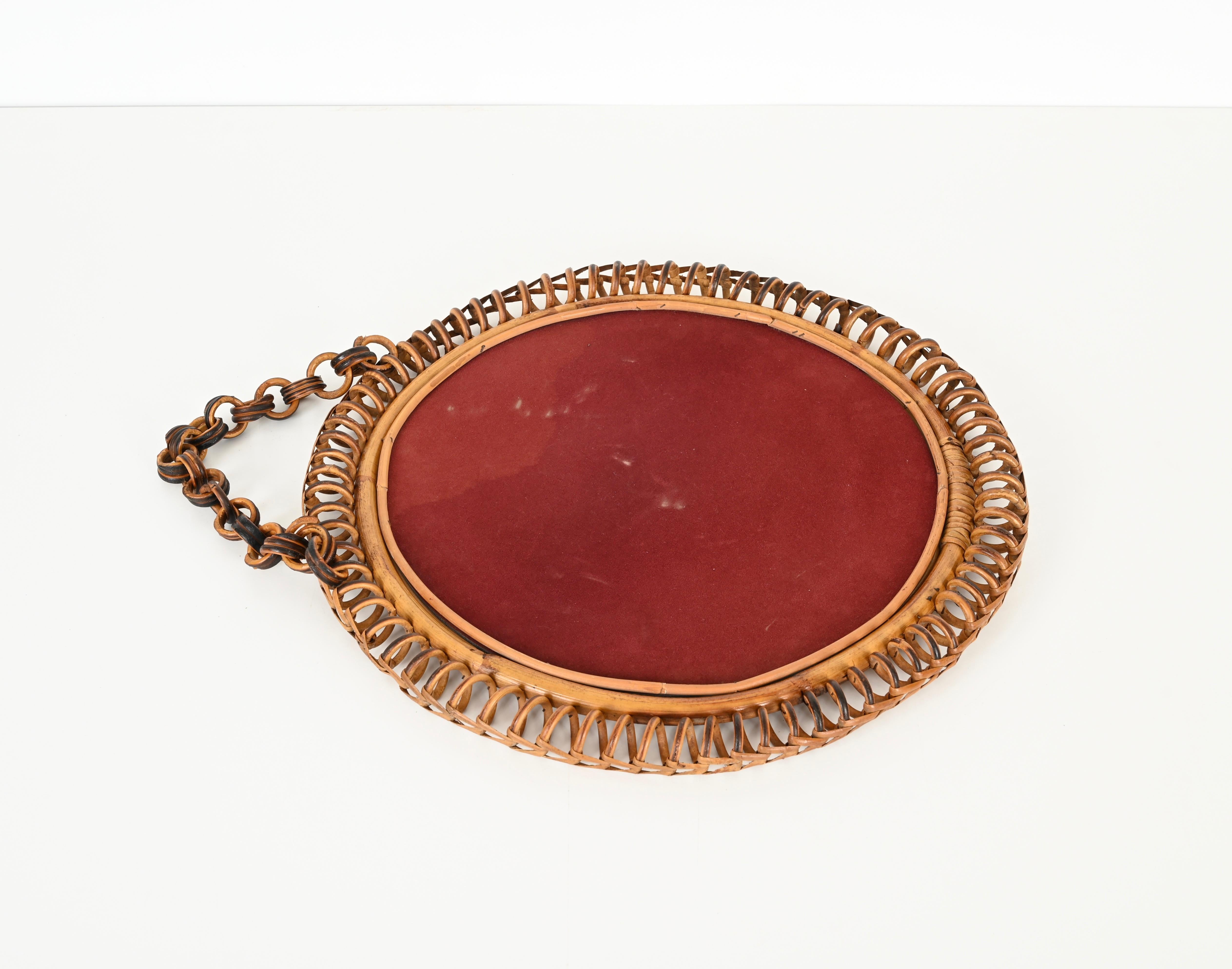 French Riviera Round Mirror in Spiral Rattan, Wicker and Bamboo, Italy 1960s For Sale 1