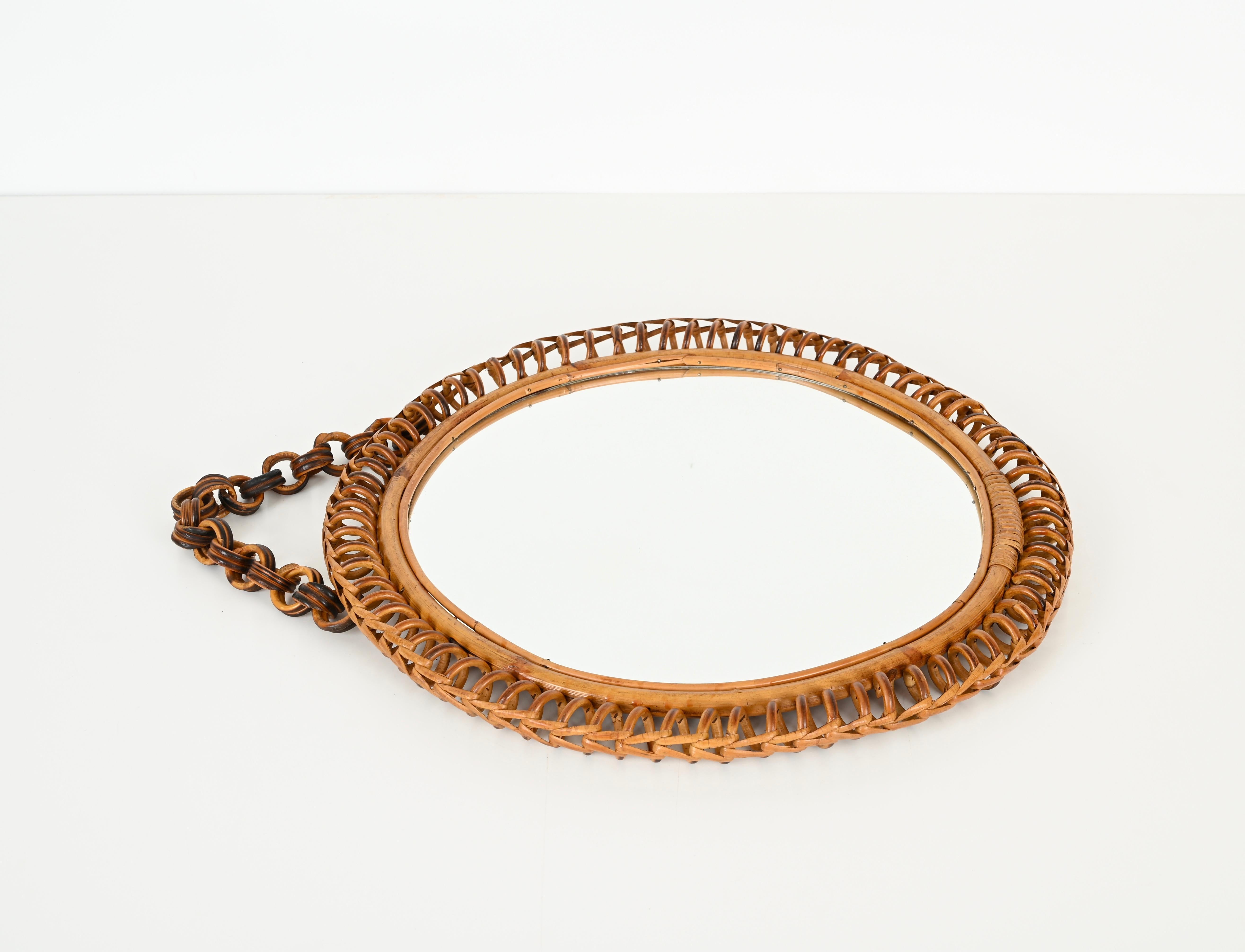 French Riviera Round Mirror in Spiral Rattan, Wicker and Bamboo, Italy 1960s For Sale 2