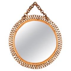 Miroir rond de la Côte d'Azur en rotin spiralé, osier et bambou, Italie, années 1960