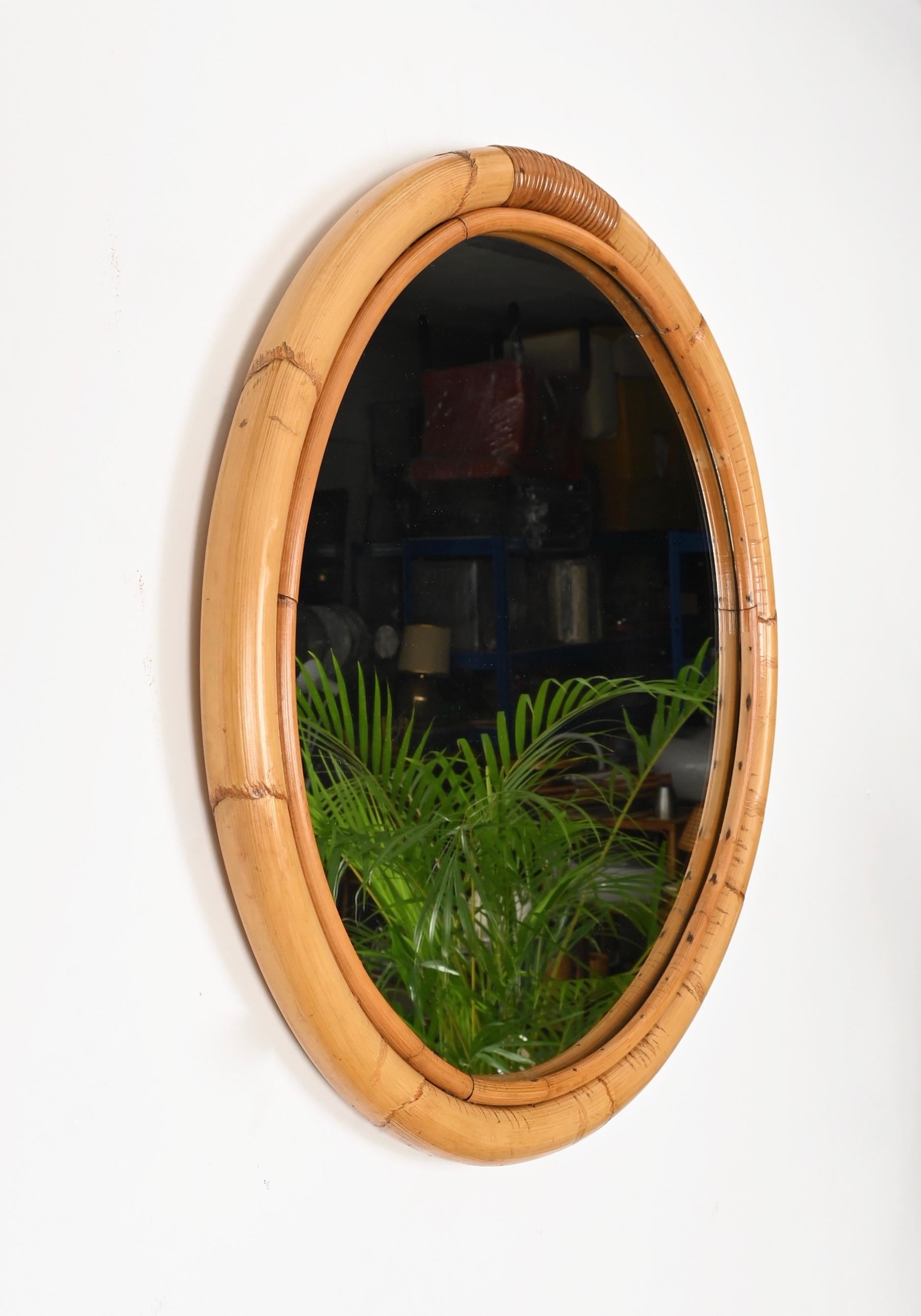 French Riviera Round Mirror with Double Rattan Frame and Wicker, Italy 1970s In Good Condition For Sale In Roma, IT