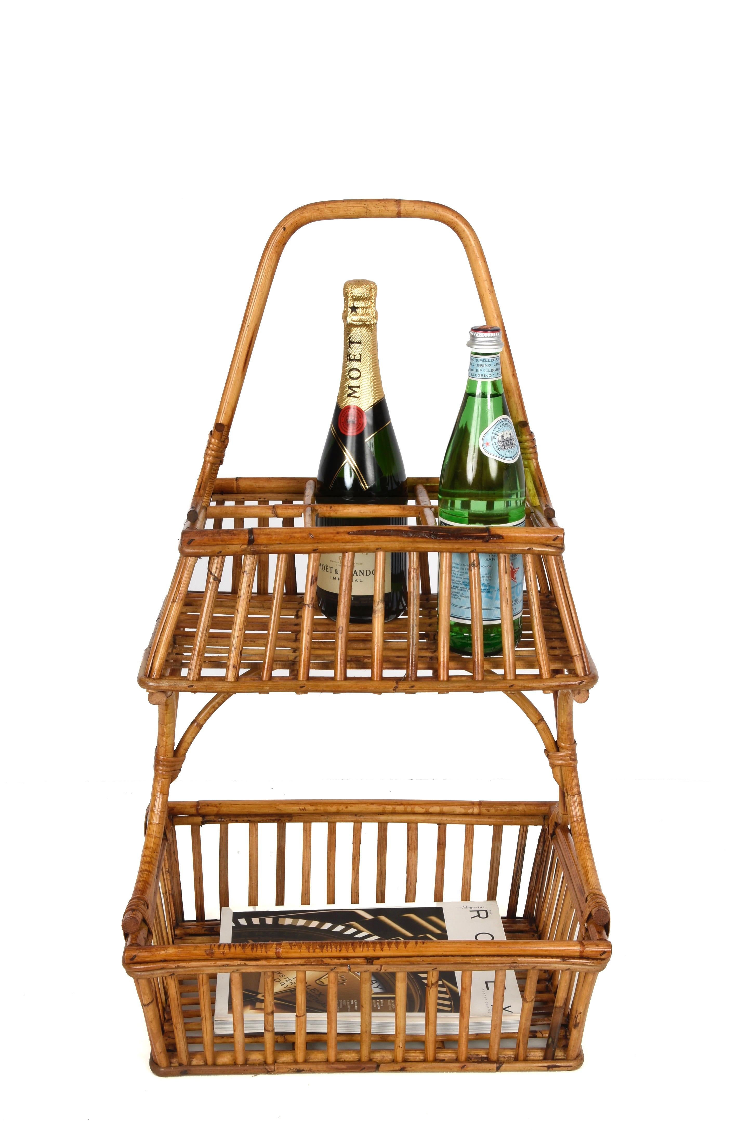 French Riviera Round Service Table with Bamboo and Rattan Bottle Holder, 1960s 6