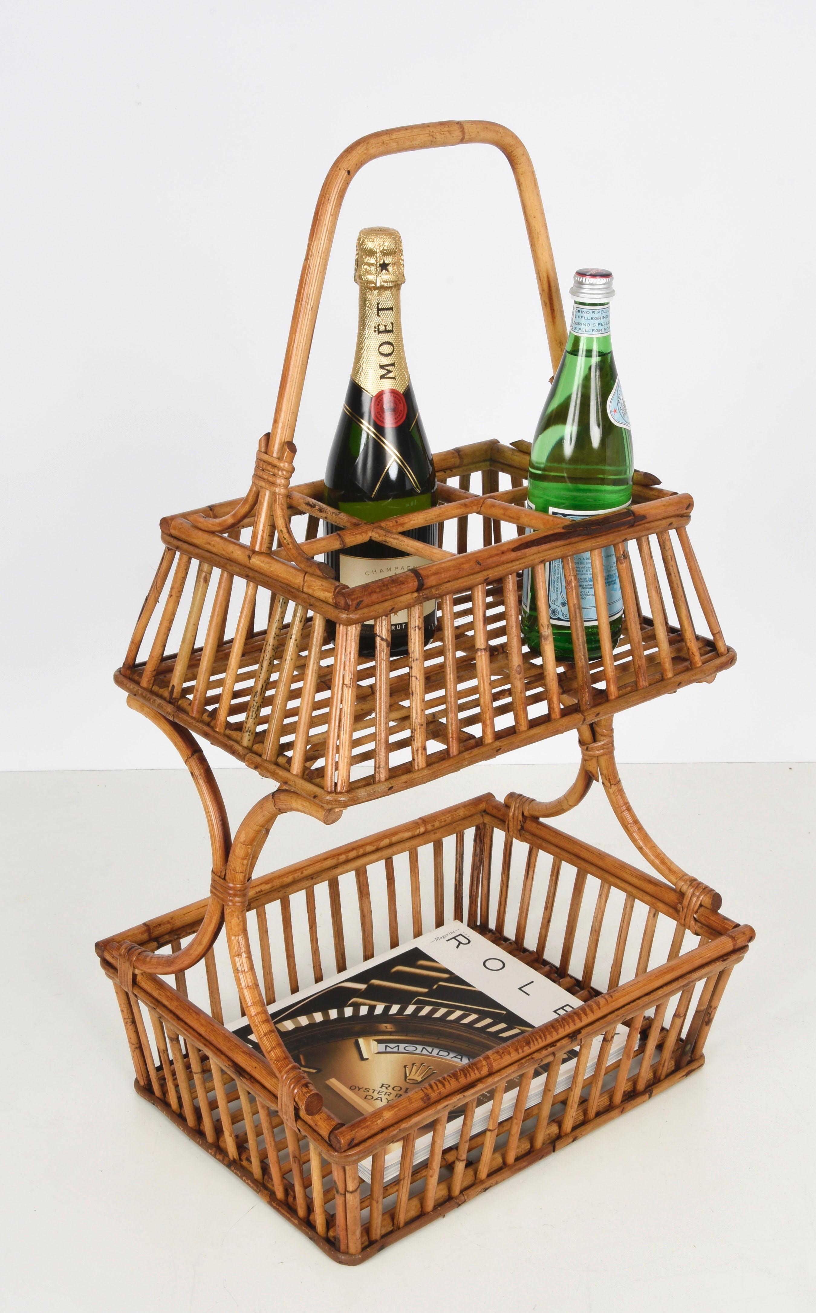 French Riviera Round Service Table with Bamboo and Rattan Bottle Holder, 1960s 8