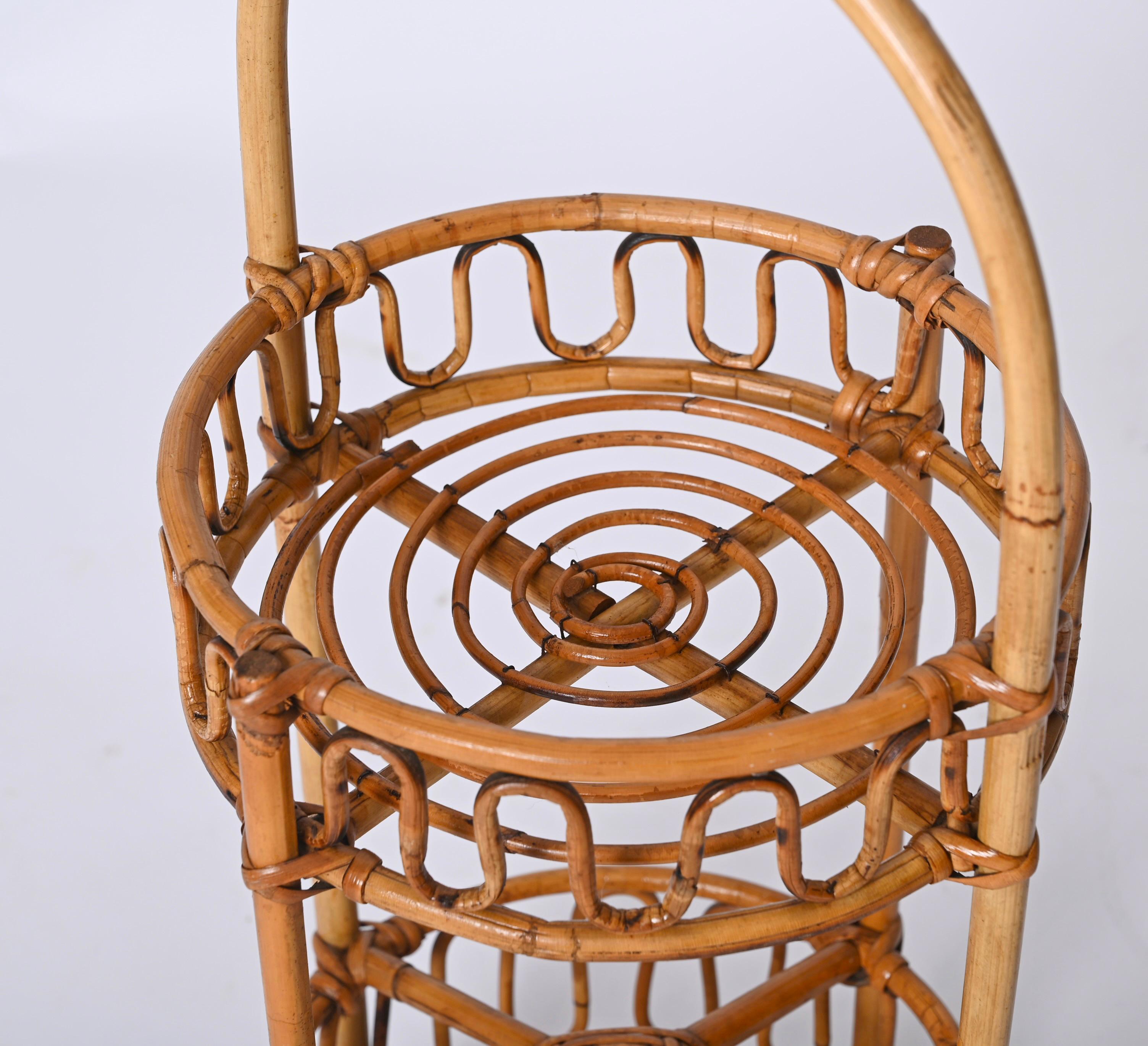 French Riviera Round Service Table with Bamboo and Rattan Bottle Holder, 1960s For Sale 7