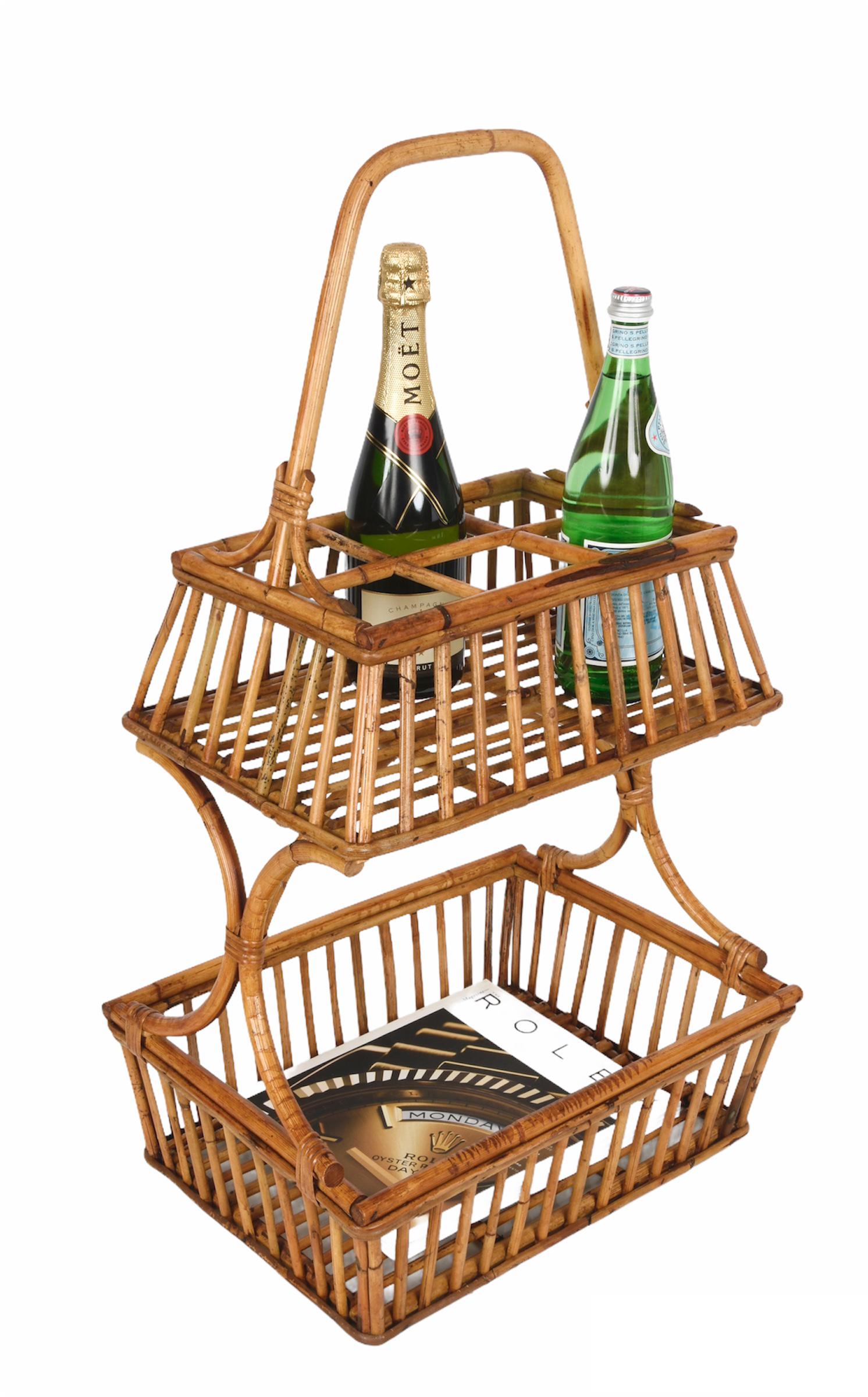 French Riviera Round Service Table with Bamboo and Rattan Bottle Holder, 1960s 9