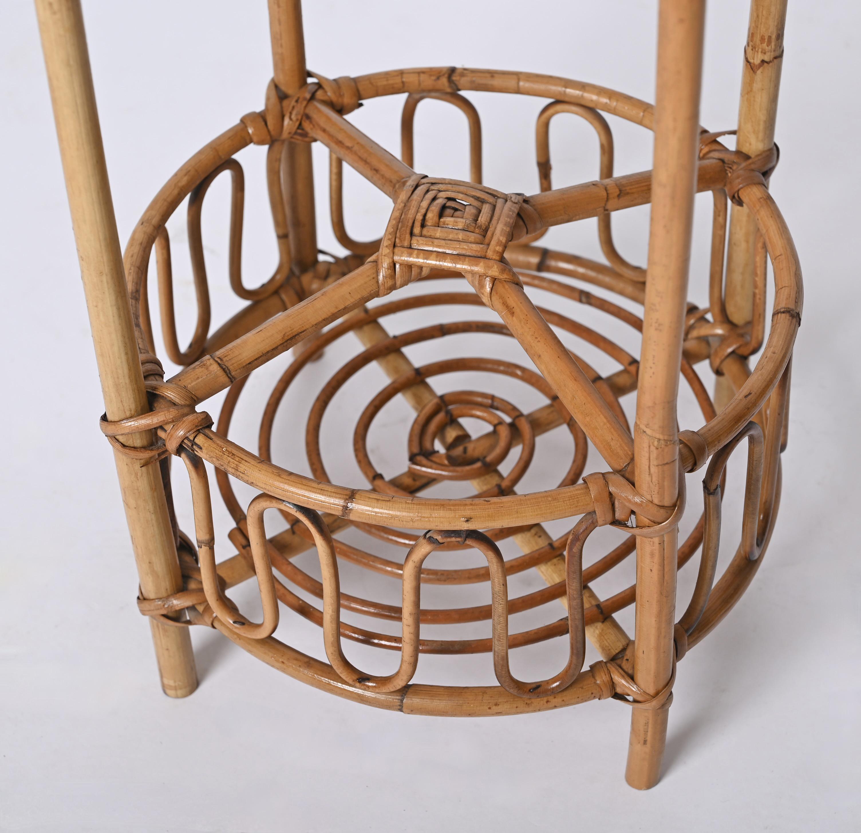 French Riviera Round Service Table with Bamboo and Rattan Bottle Holder, 1960s For Sale 8