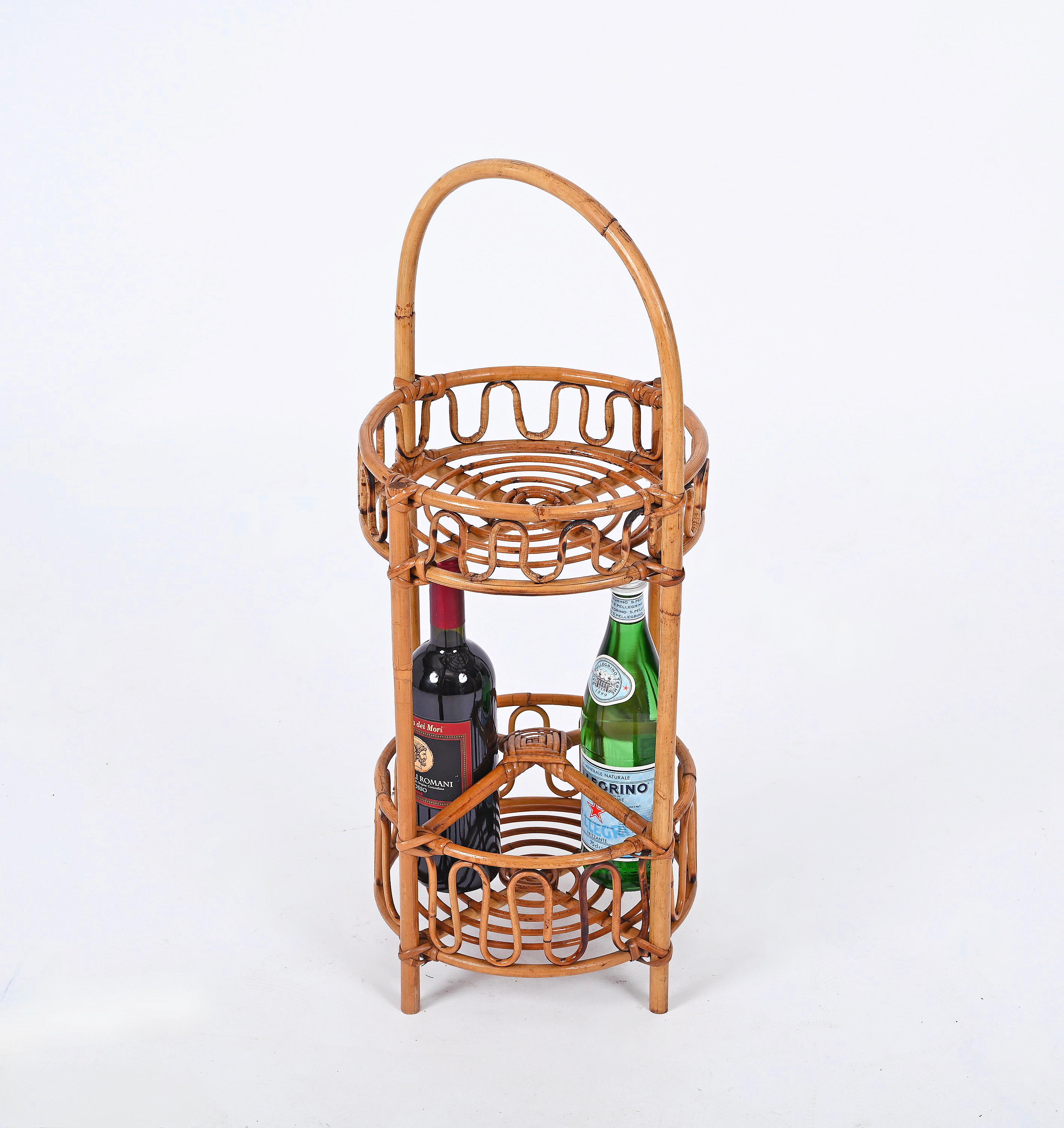 French Riviera Round Service Table with Bamboo and Rattan Bottle Holder, 1960s For Sale 9