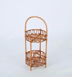 French Riviera Round Service Table with Bamboo and Rattan Bottle Holder, 1960s