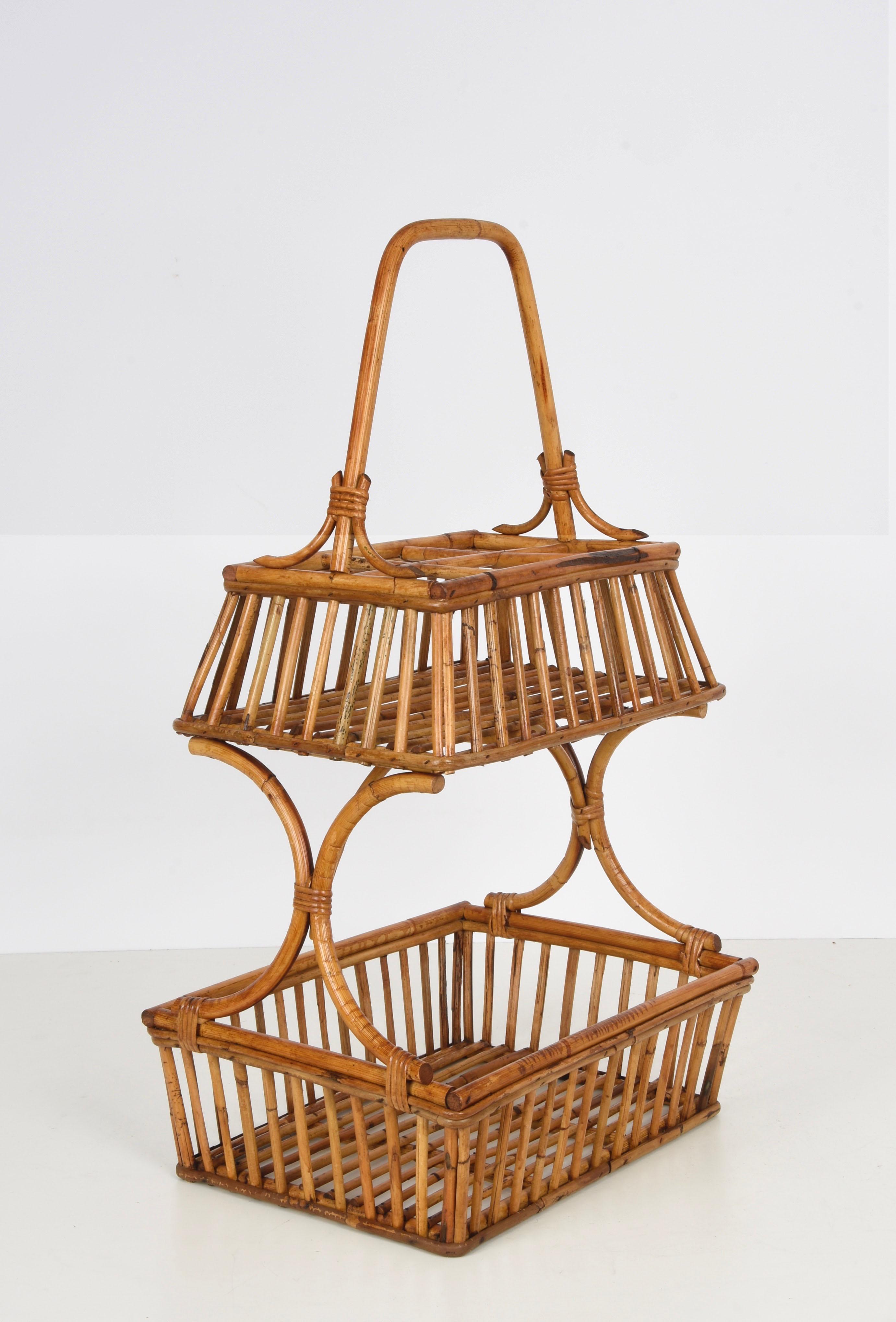 Mid-20th Century French Riviera Round Service Table with Bamboo and Rattan Bottle Holder, 1960s