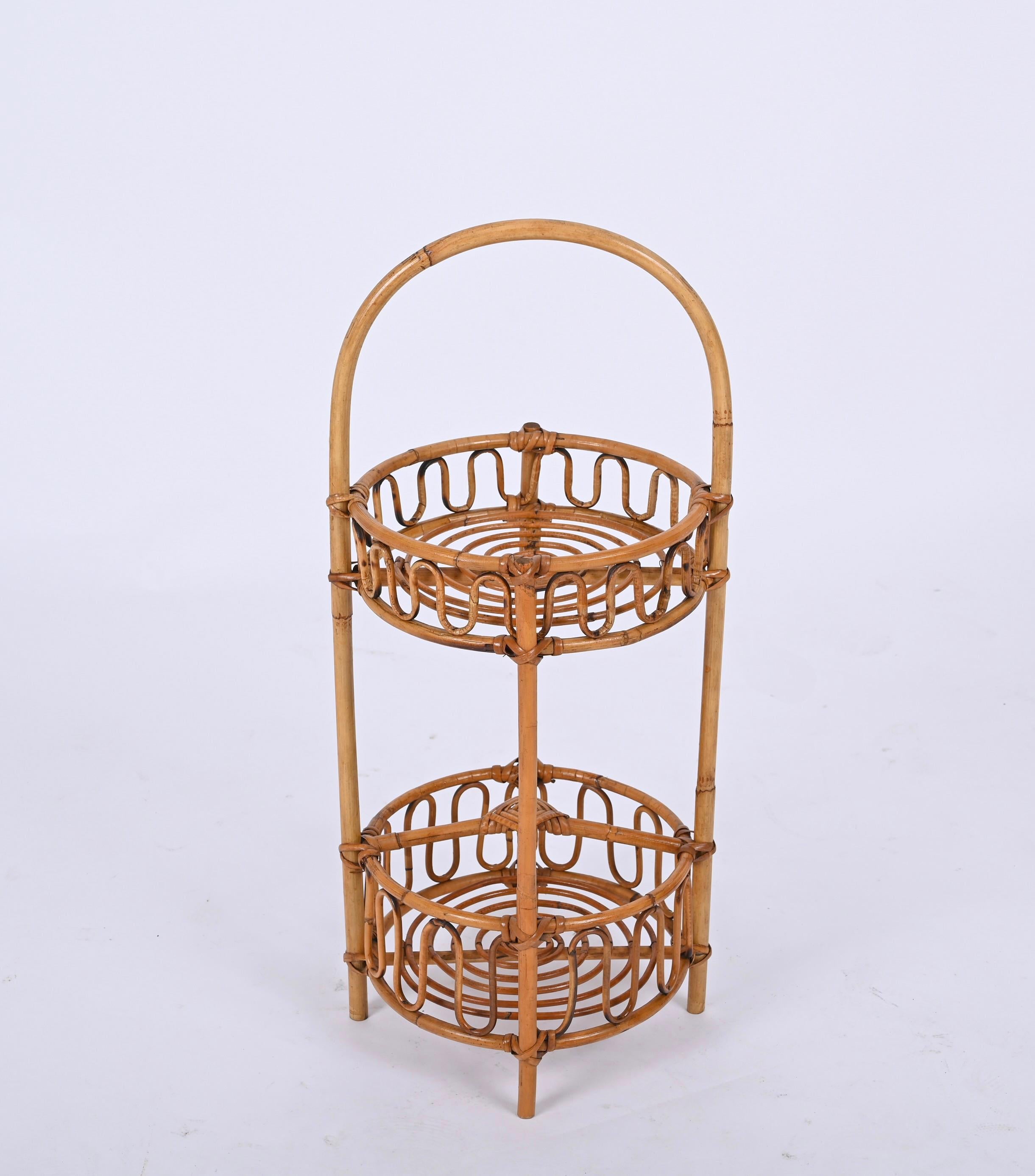 Mid-20th Century French Riviera Round Service Table with Bamboo and Rattan Bottle Holder, 1960s For Sale