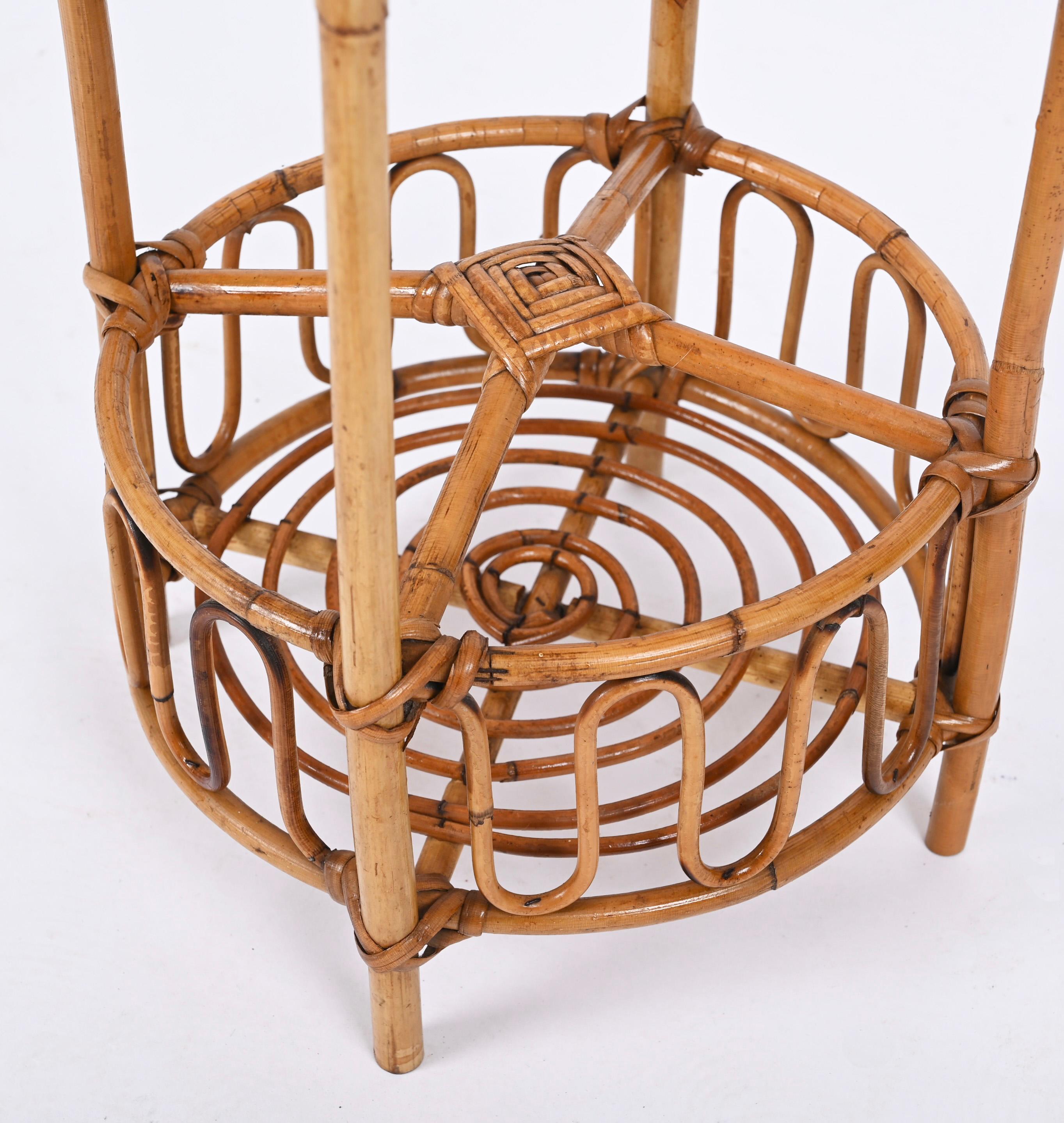 French Riviera Round Service Table with Bamboo and Rattan Bottle Holder, 1960s For Sale 1