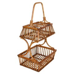 French Riviera Round Service Table with Bamboo and Rattan Bottle Holder, 1960s