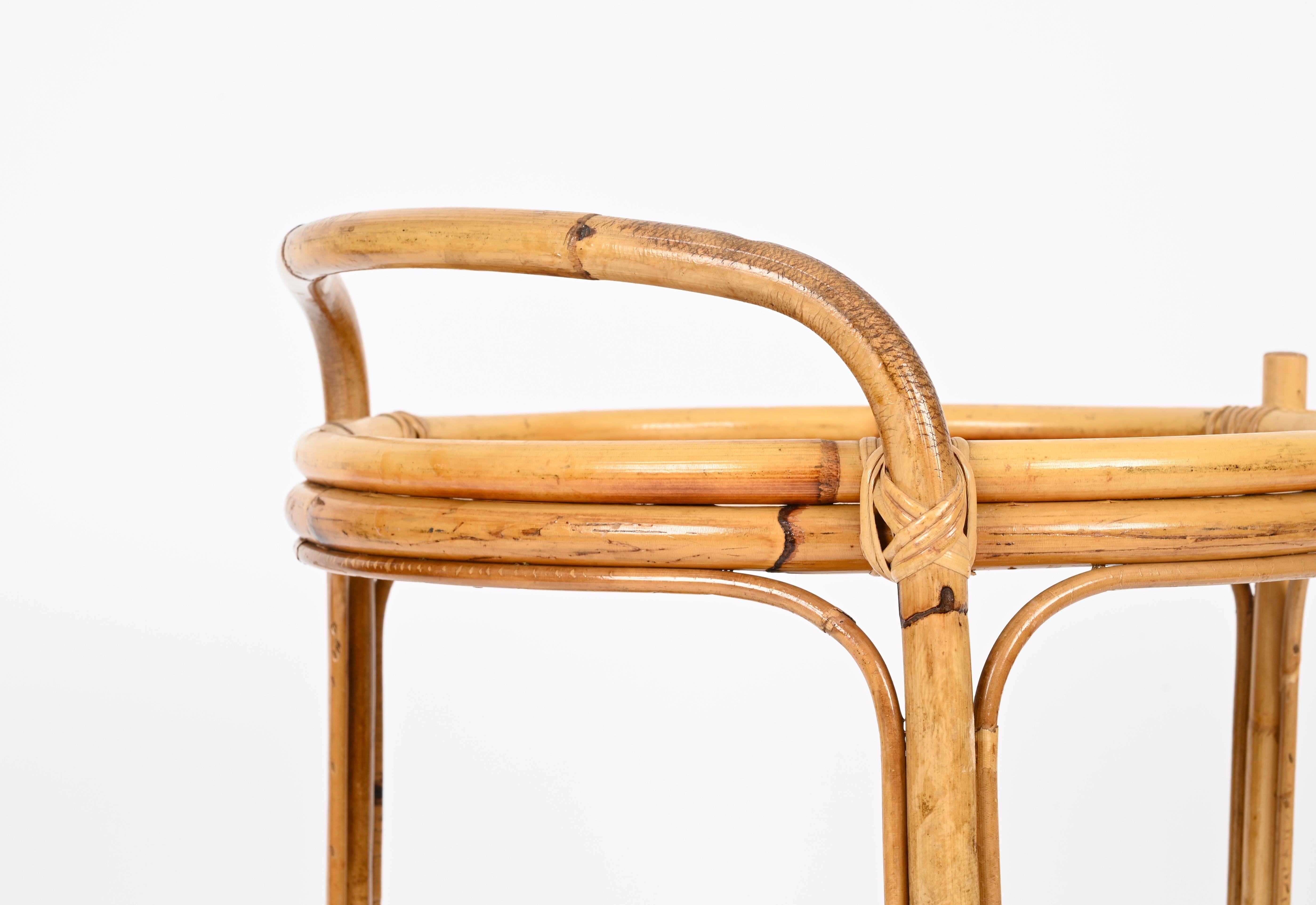 French Riviera Round Serving Bar Cart in Bamboo, Rattan and Wicker, Italy, 1960s en vente 2