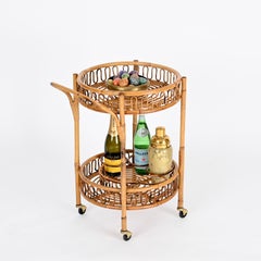 French Riviera Round Serving Bar Cart in Bamboo, Rattan and Wicker, Italy 1960s