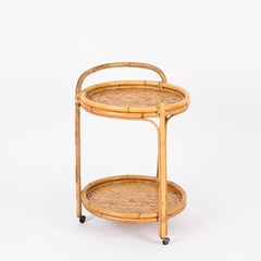 French Riviera Round Serving Bar Cart in Bamboo, Rattan and Wicker, Italy, 1960s