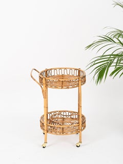 French Riviera Round Serving Bar Cart in Bamboo, Rattan and Wicker, Italy 1960s