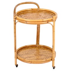 Vintage French Riviera Round Serving Bar Cart in Bamboo, Rattan and Wicker, Italy, 1960s