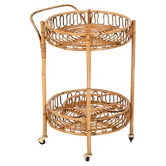 French Riviera Round Serving Bar Cart in Bamboo, Rattan and Wicker, Italy 1960s
