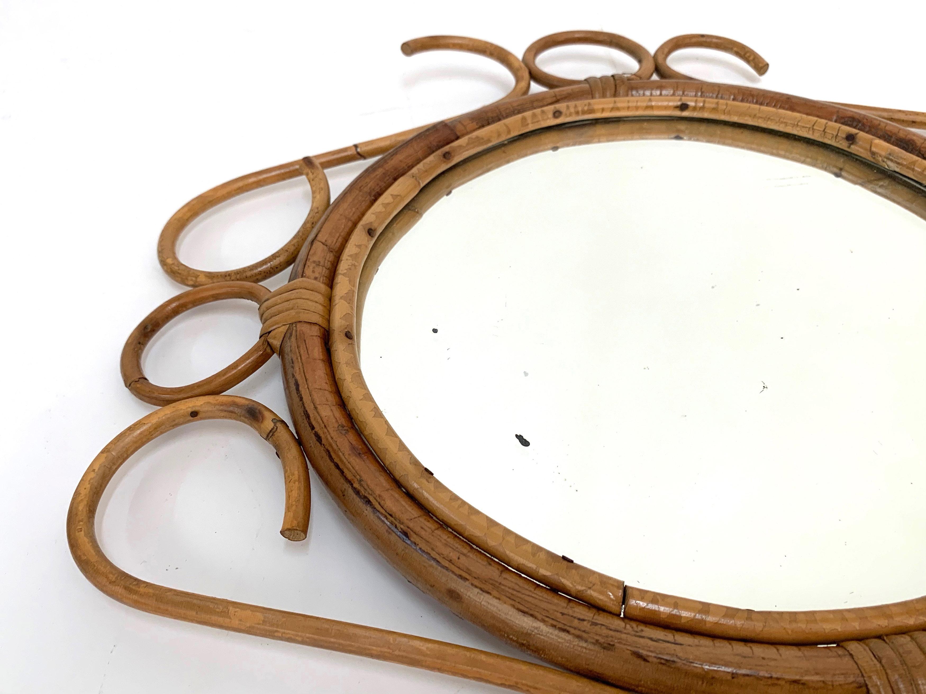 French Riviera Round Wall Mirror with Bamboo and Rattan Frame after Albini 1960s 5