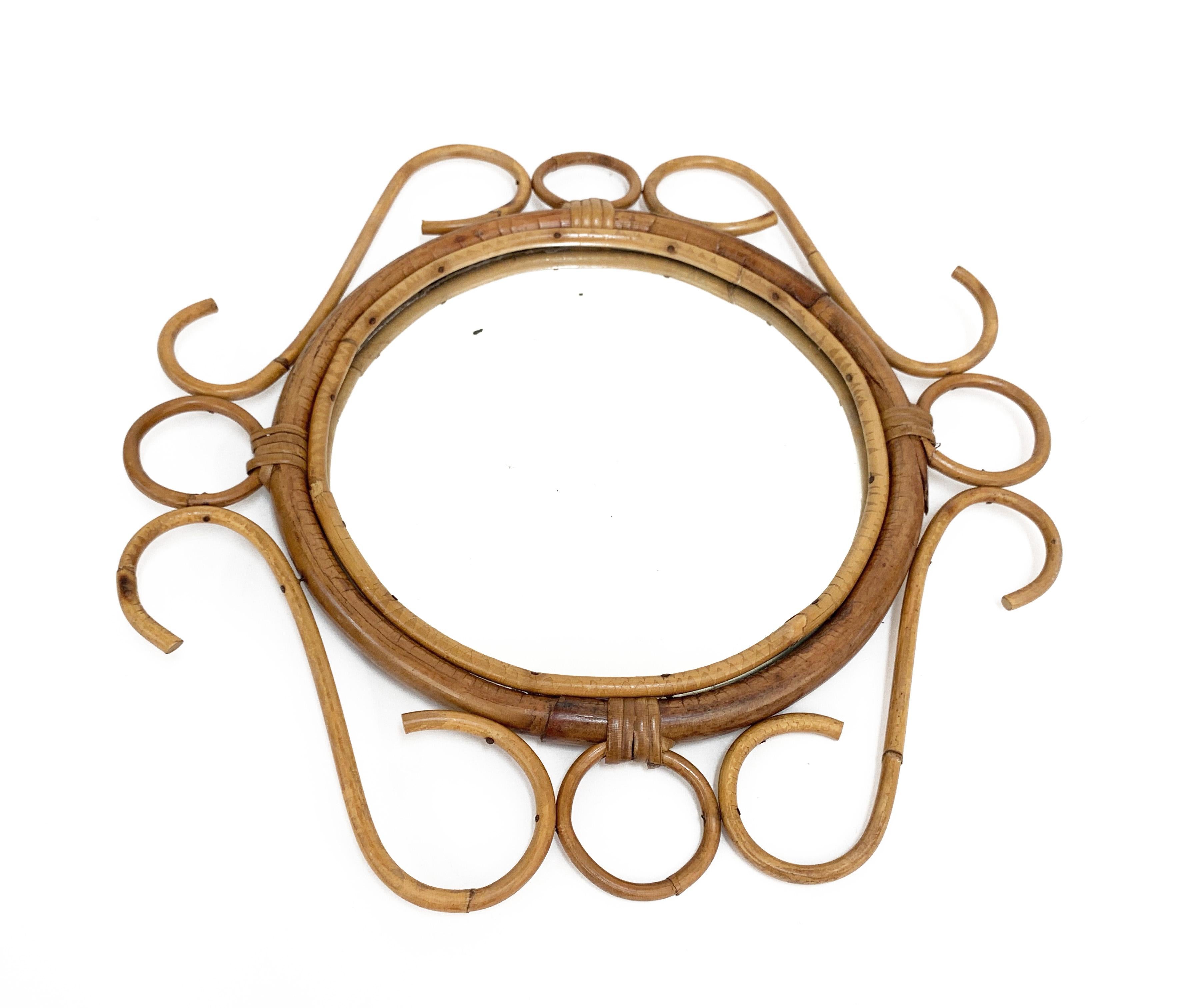 Mid-Century Modern French Riviera Round Wall Mirror with Bamboo and Rattan Frame after Albini 1960s