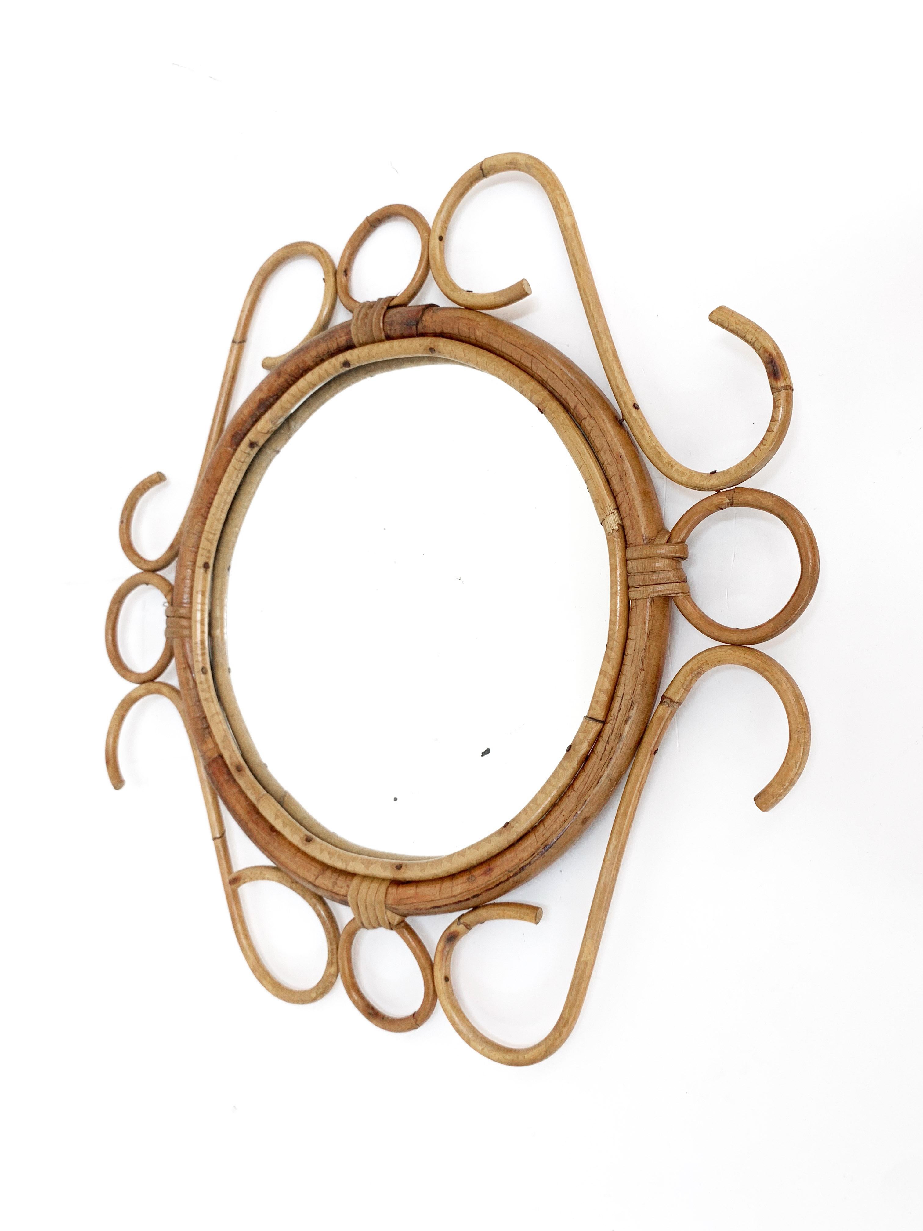 Mid-20th Century French Riviera Round Wall Mirror with Bamboo and Rattan Frame after Albini 1960s
