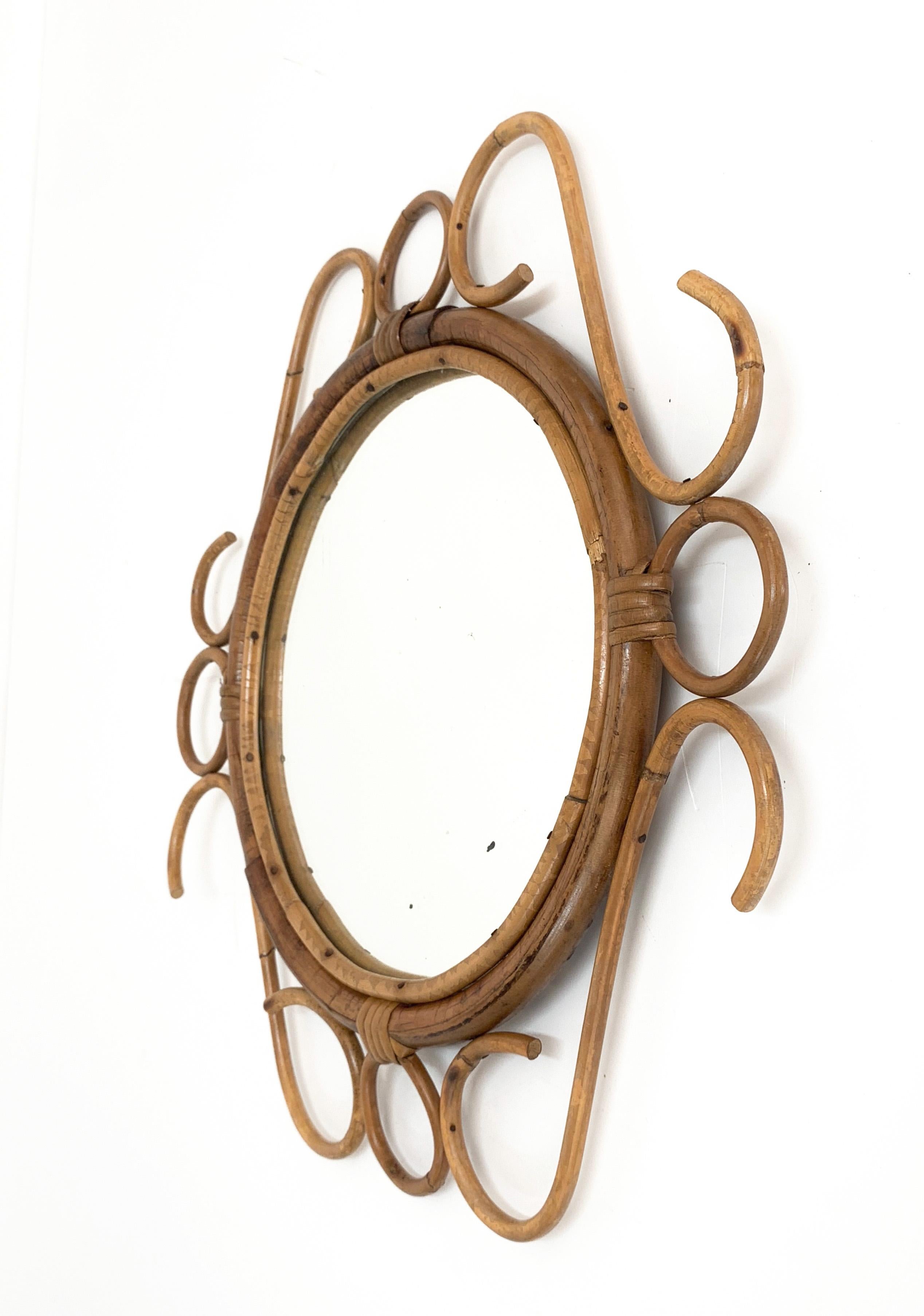 French Riviera Round Wall Mirror with Bamboo and Rattan Frame after Albini 1960s 1