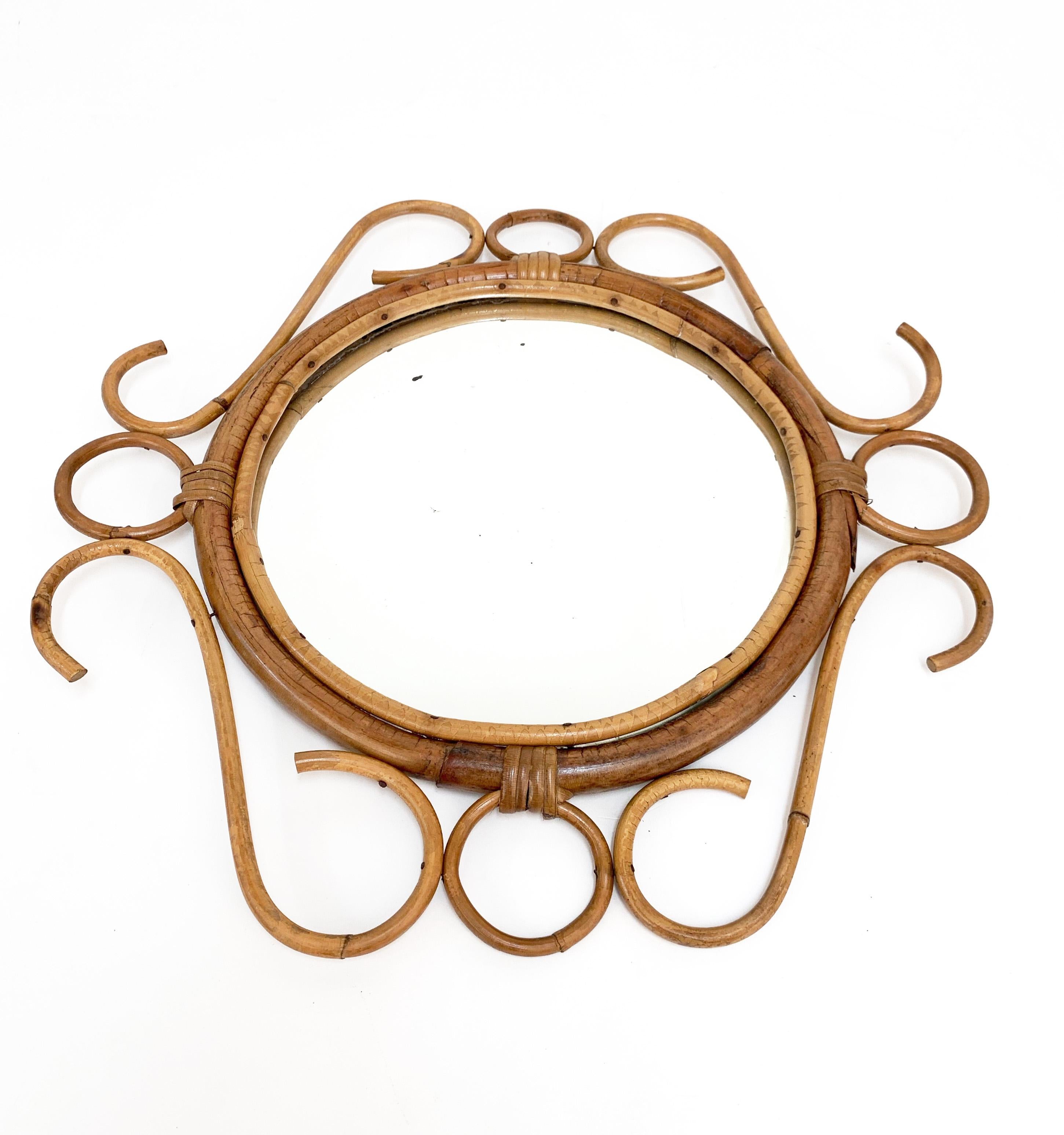French Riviera Round Wall Mirror with Bamboo and Rattan Frame after Albini 1960s 2