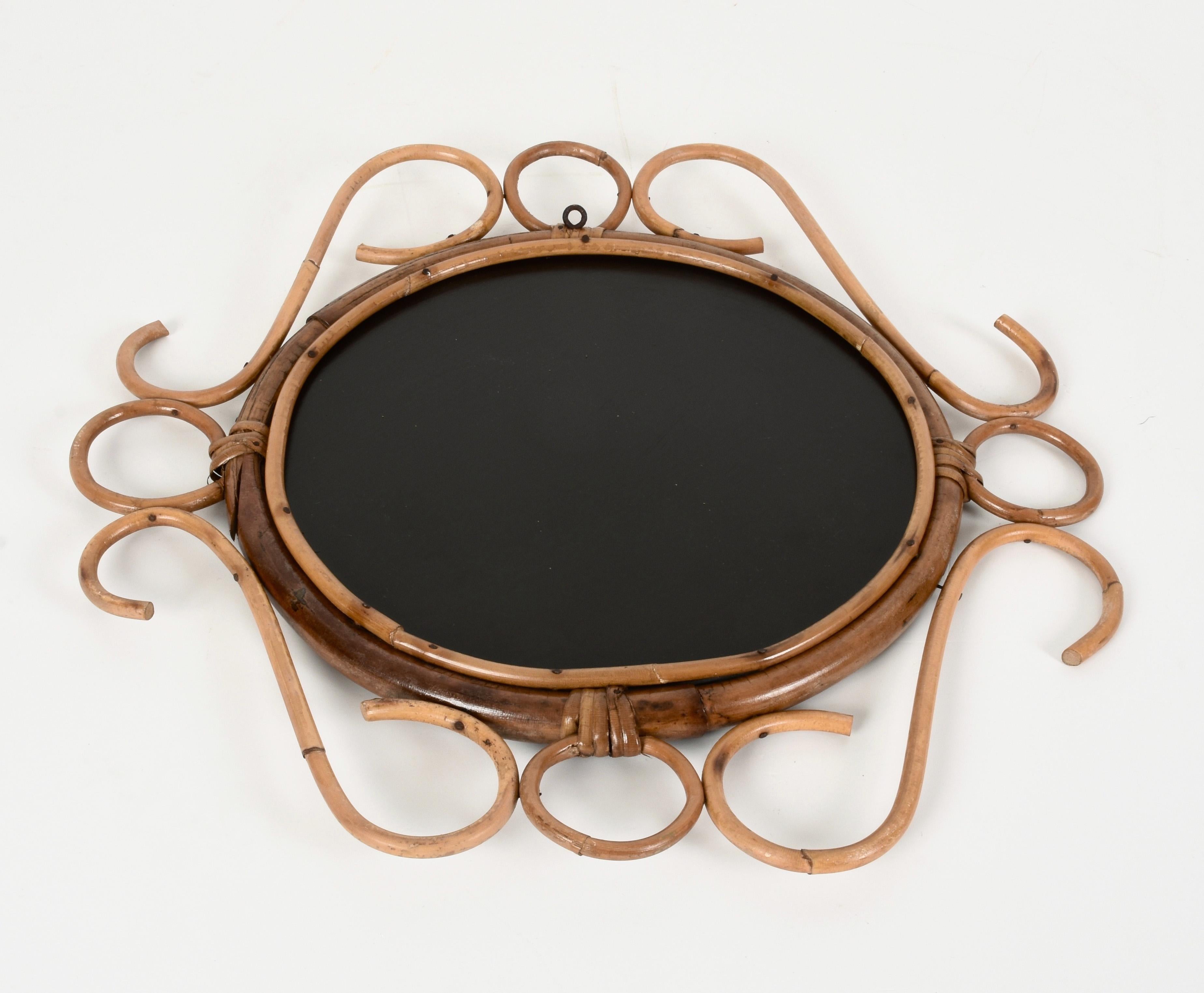 French Riviera Round Wall Mirror with Bamboo and Rattan Frame after Albini 1960s 3