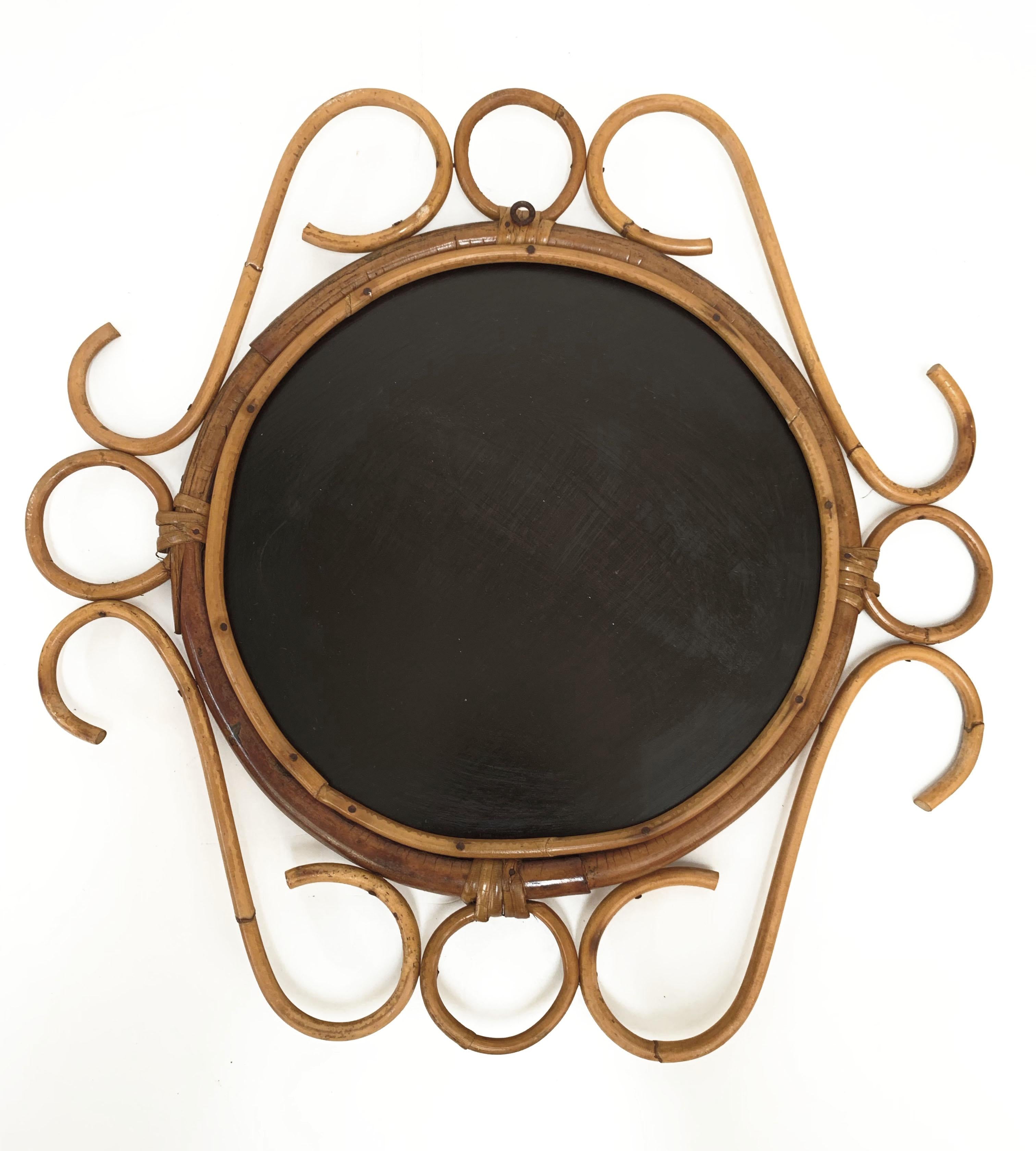 French Riviera Round Wall Mirror with Bamboo and Rattan Frame after Albini 1960s 4