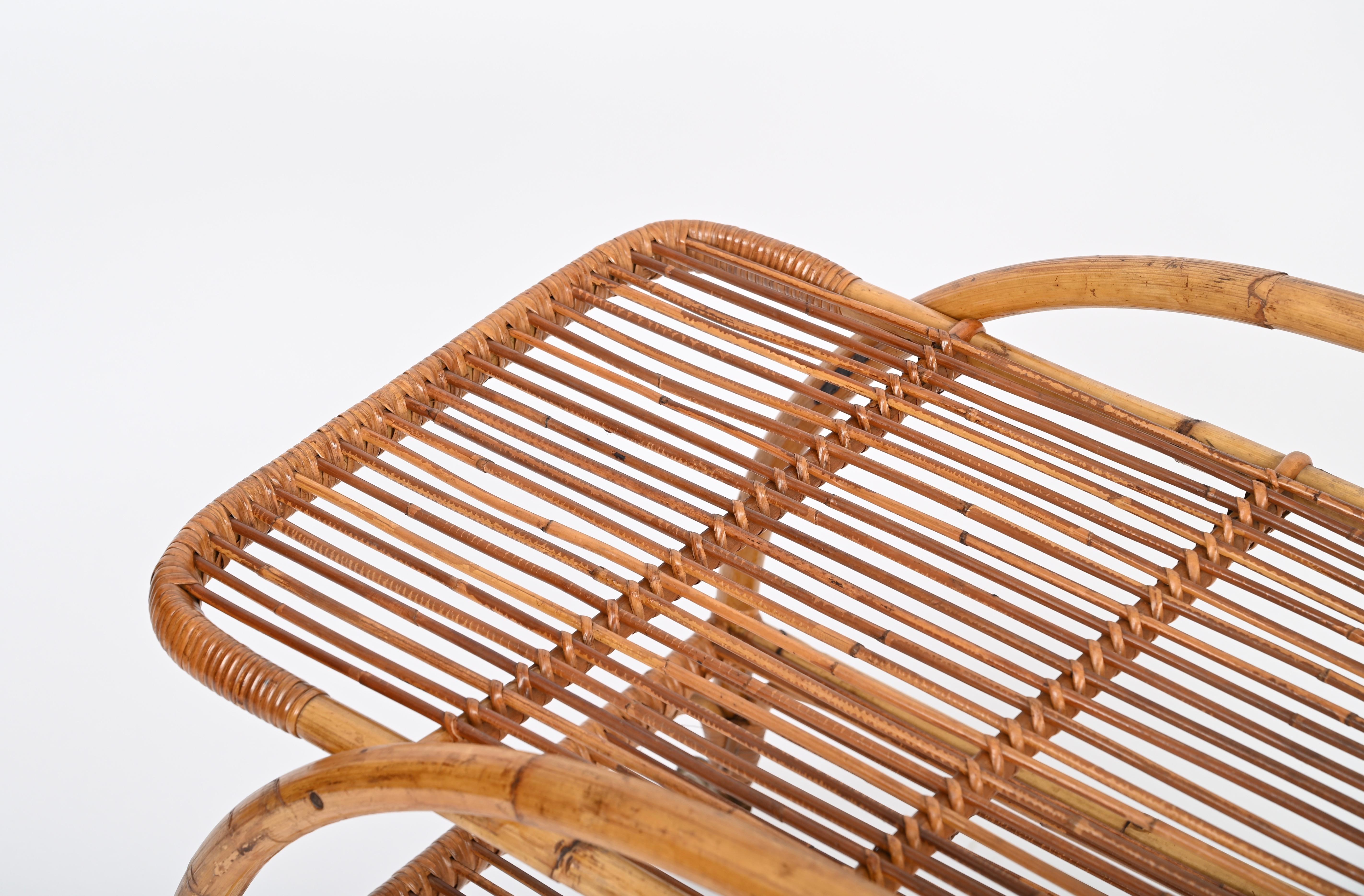 Französischer Riviera-Servierbarwagen aus geschwungenem Bambus, Rattan und Korbweide, Italien 1960er Jahre im Angebot 7