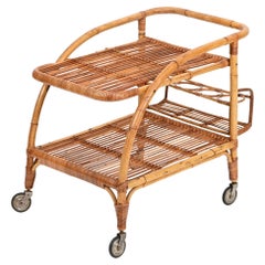 Carrito de bar Riviera francesa de bambú curvado, ratán y mimbre, Italia Años 60