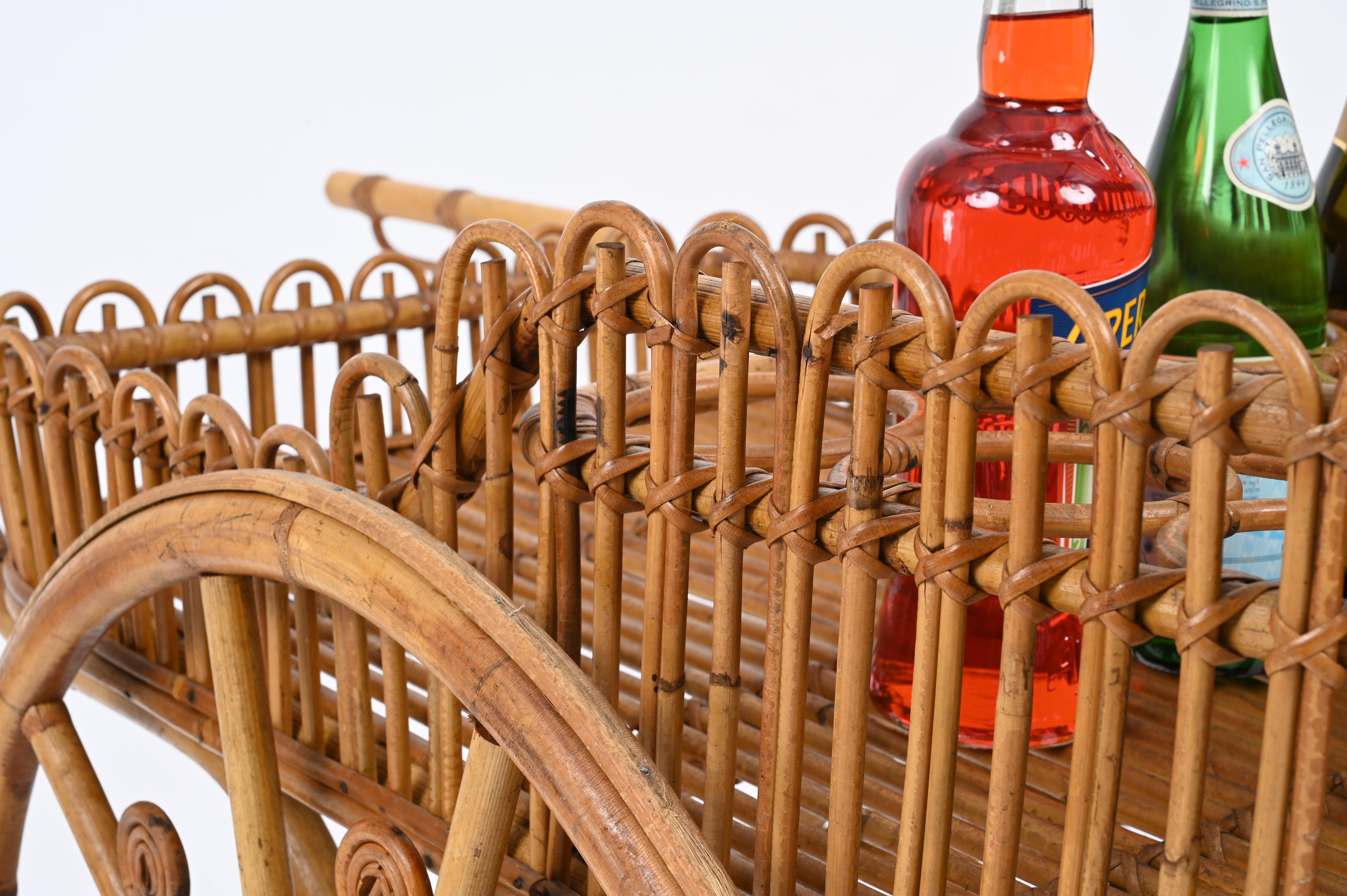 Mid-20th Century French Riviera Serving Bar Cart in Rattan, Bamboo and Wicker, Italy 1960s For Sale