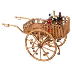 French Riviera Serving Bar Cart in Rattan, Bamboo and Wicker, Italy 1960s