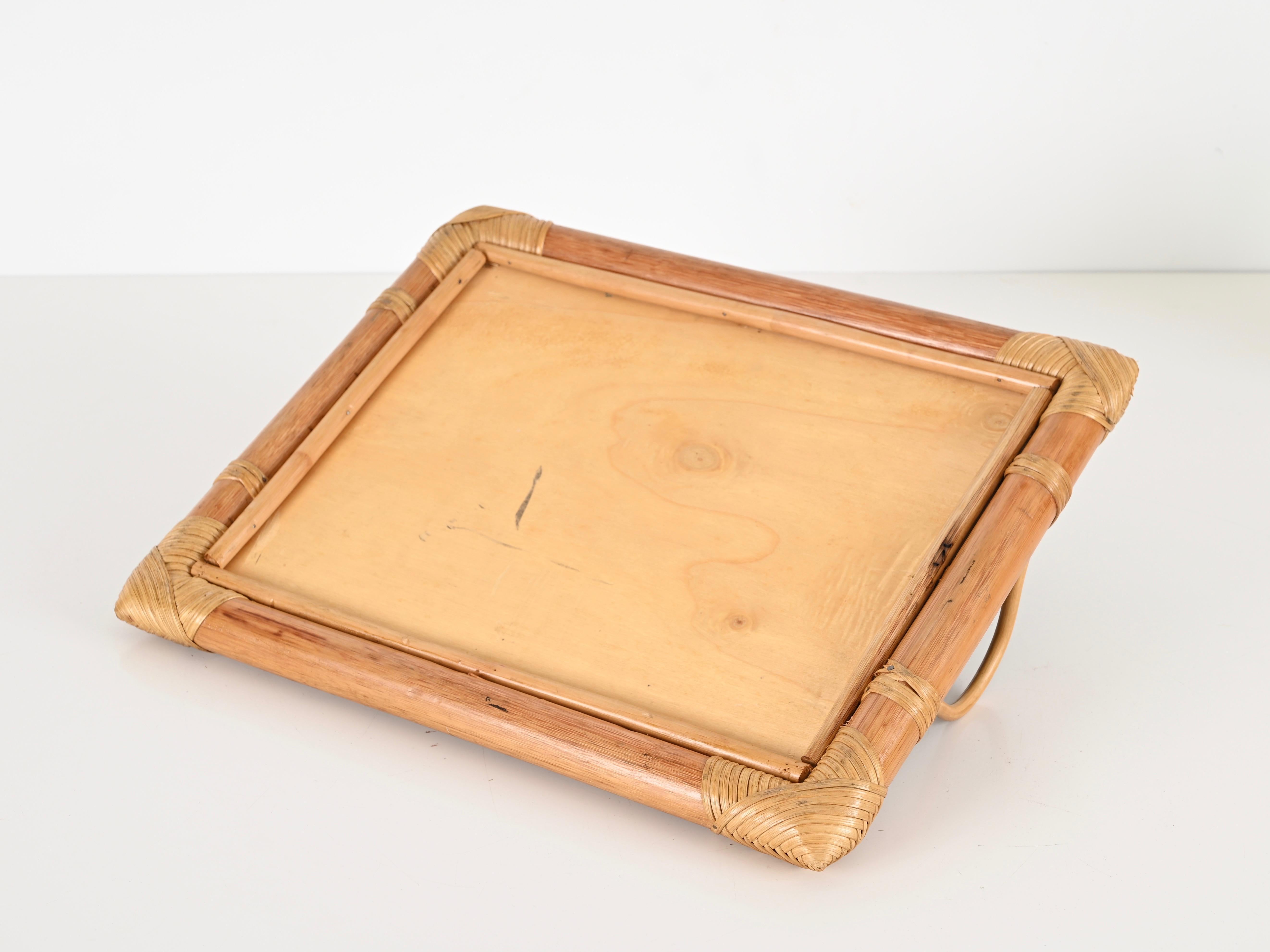 French Riviera Serving Tray in Bamboo and Rattan W/ Green Interior, Italy 1970s For Sale 5