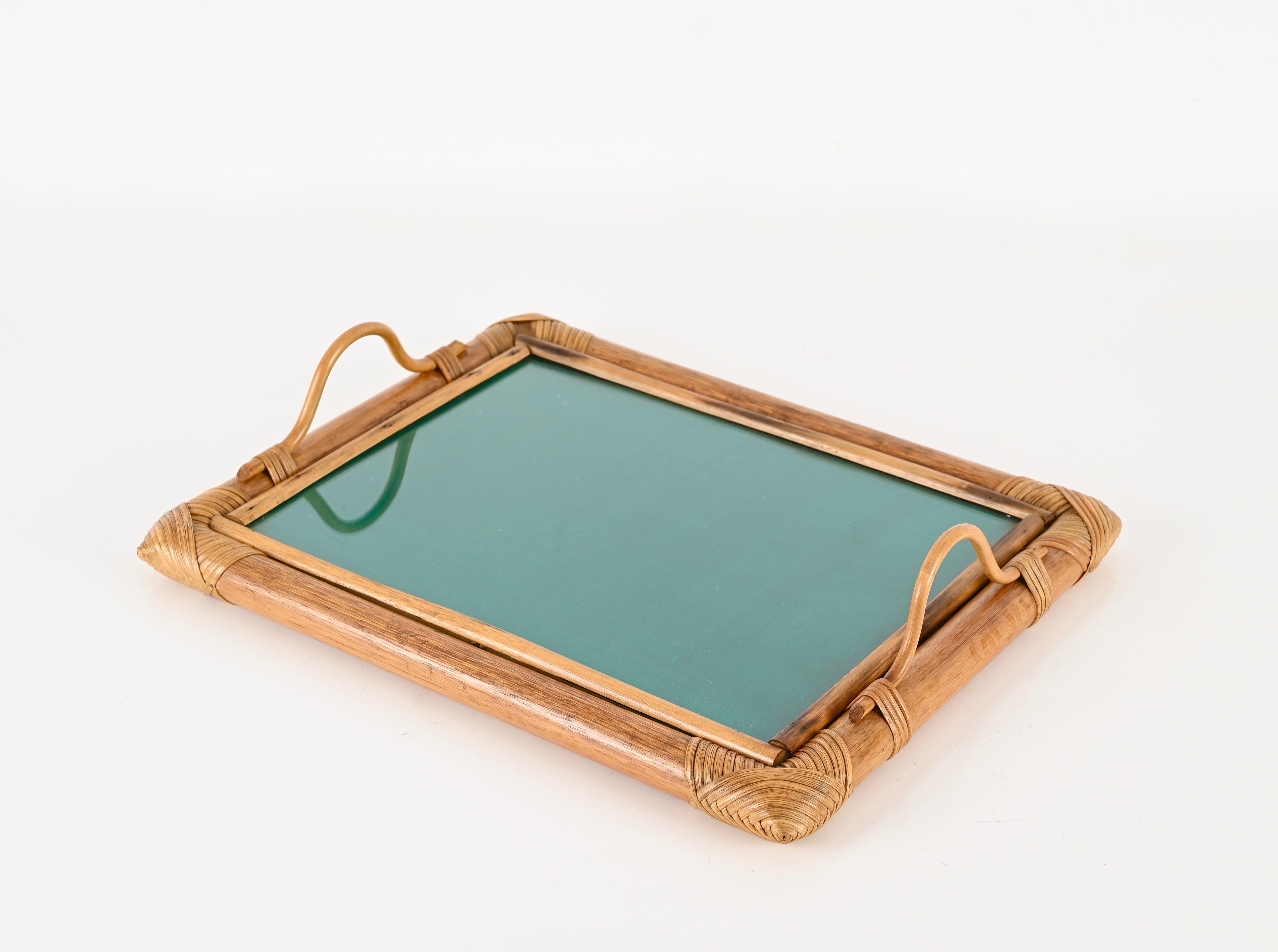 Mid-Century Modern French Riviera Serving Tray in Bamboo and Rattan W/ Green Interior, Italy 1970s For Sale