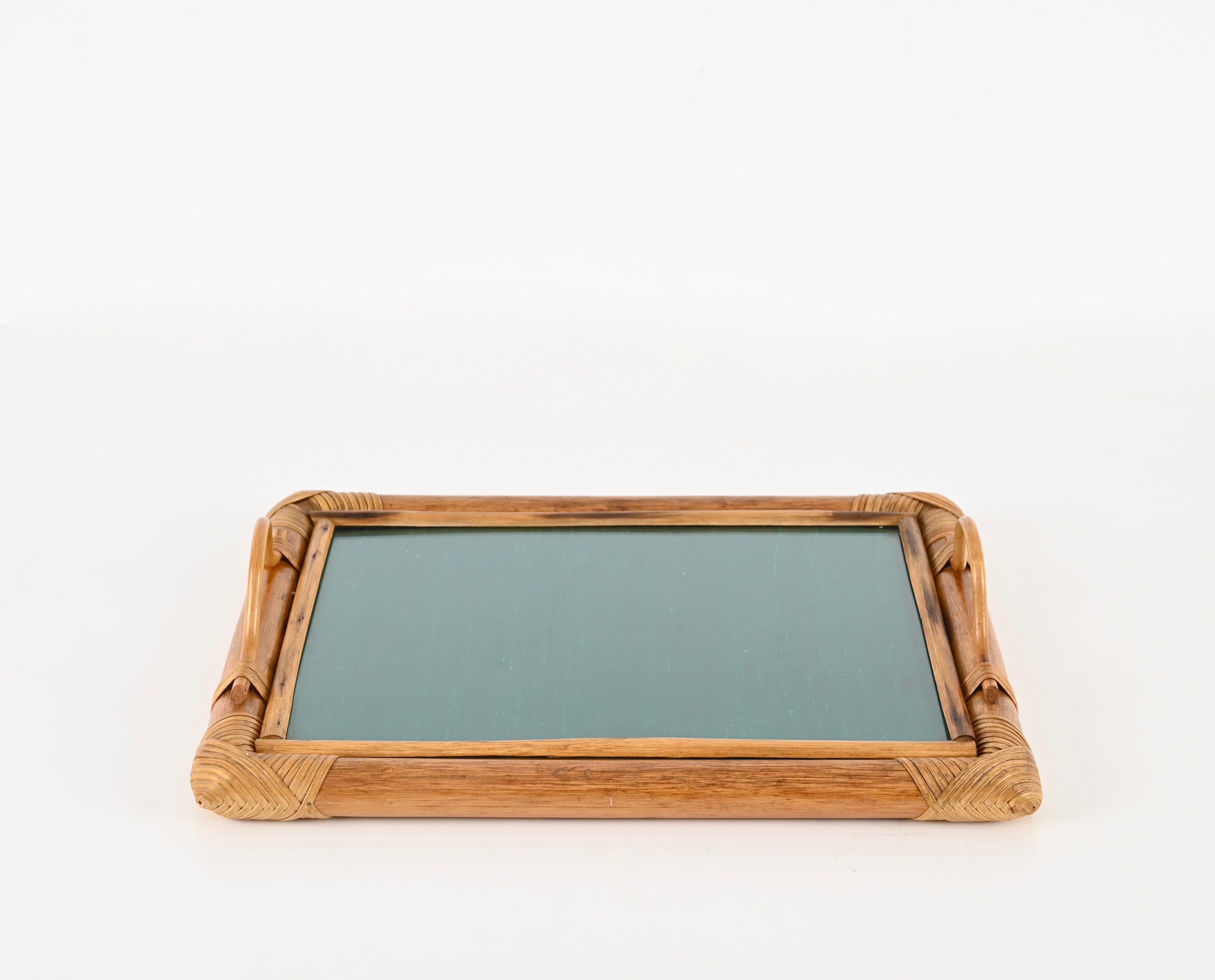 Hand-Crafted French Riviera Serving Tray in Bamboo and Rattan W/ Green Interior, Italy 1970s For Sale