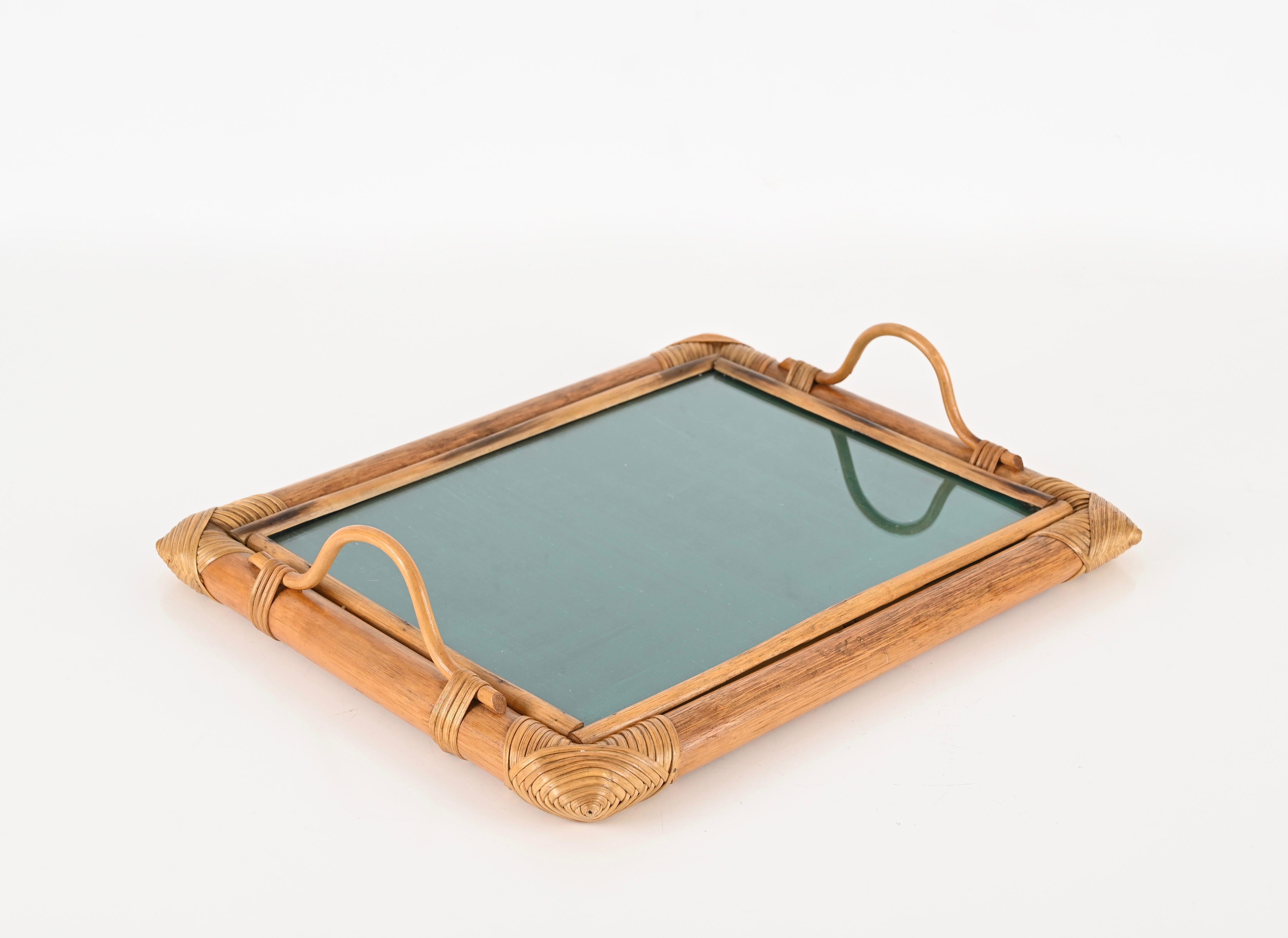 20th Century French Riviera Serving Tray in Bamboo and Rattan W/ Green Interior, Italy 1970s For Sale