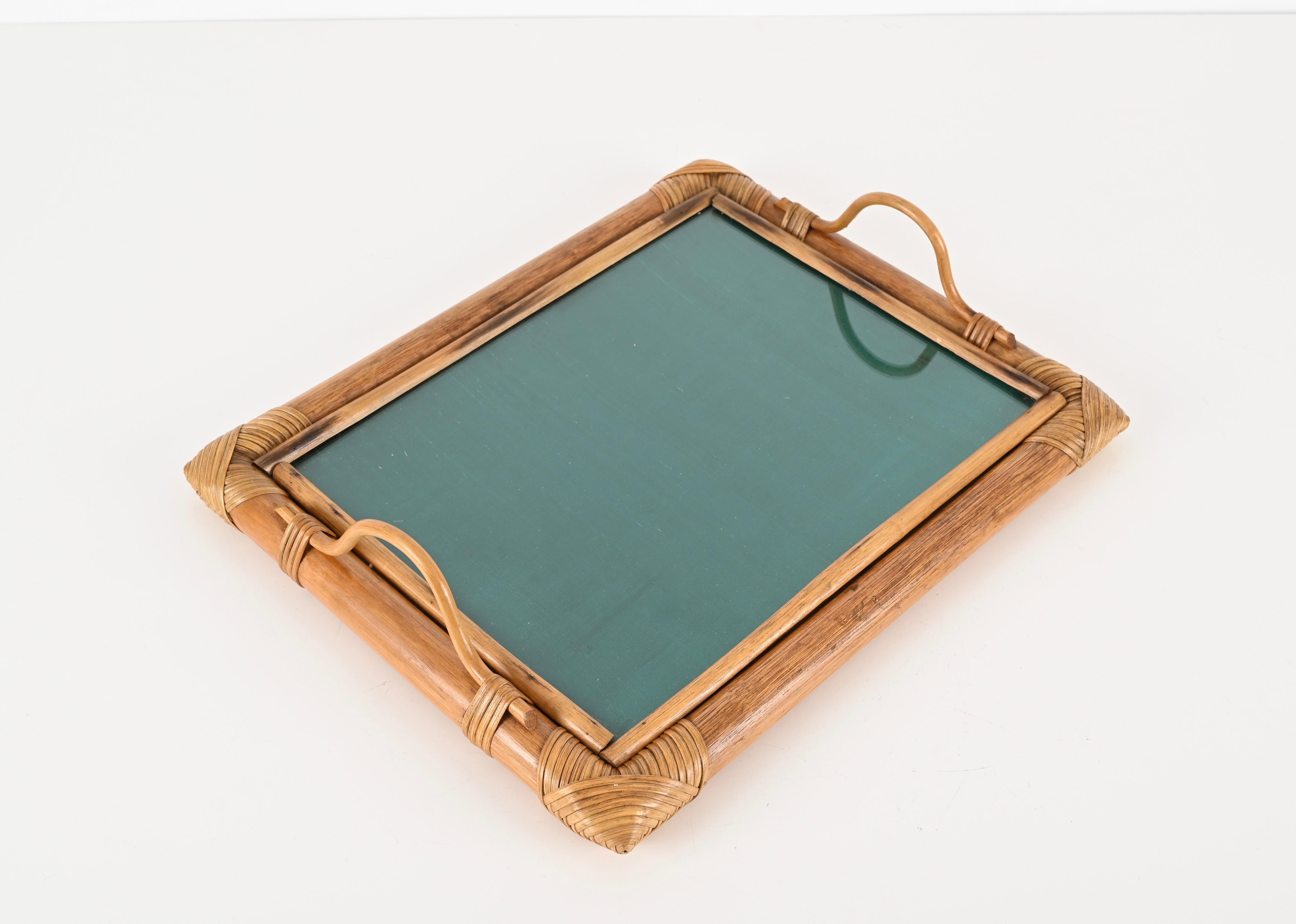 Fabric French Riviera Serving Tray in Bamboo and Rattan W/ Green Interior, Italy 1970s For Sale
