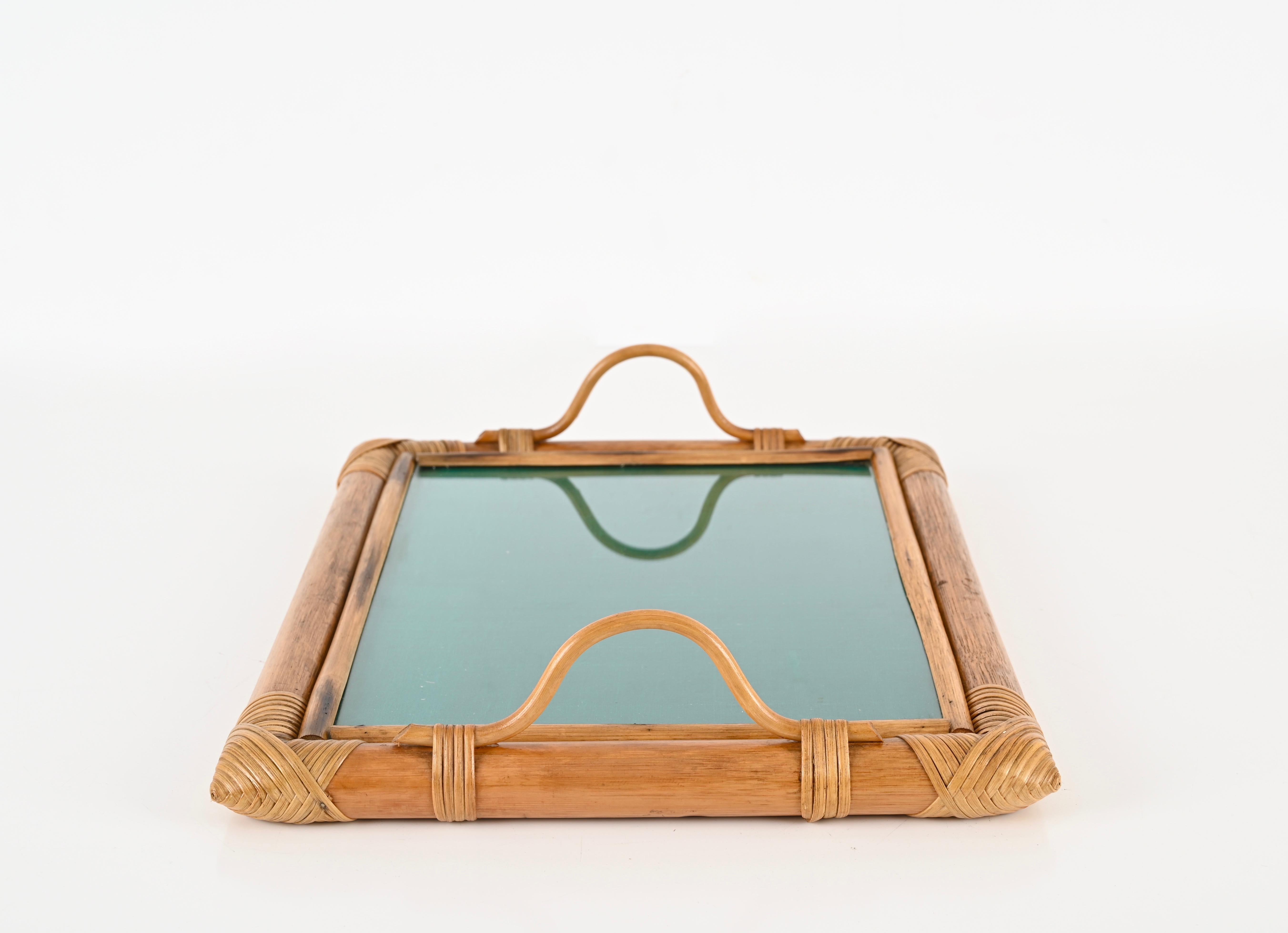 French Riviera Serving Tray in Bamboo and Rattan W/ Green Interior, Italy 1970s For Sale 1