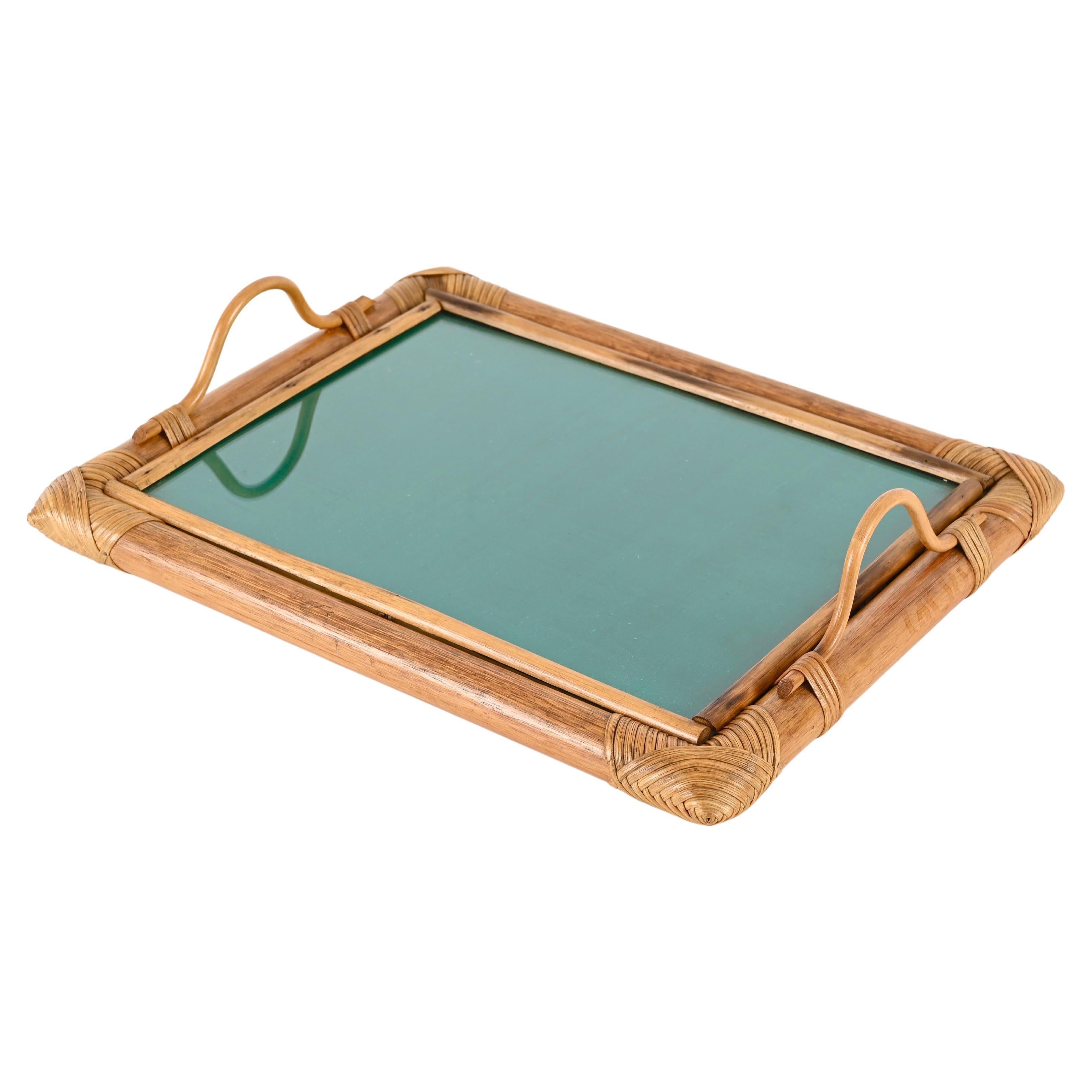 French Riviera Serving Tray in Bamboo and Rattan W/ Green Interior, Italy 1970s For Sale