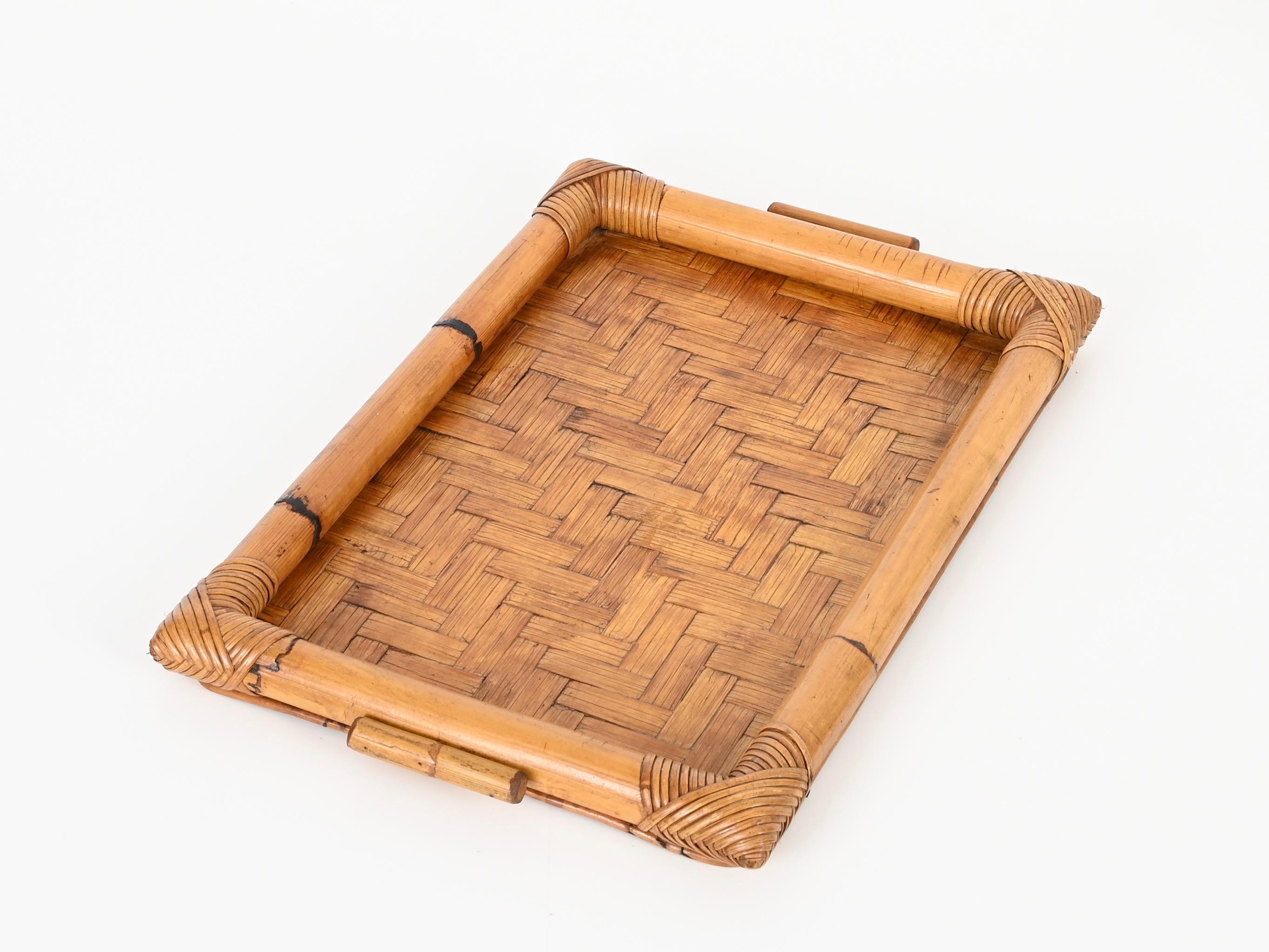 French Riviera Serving Tray in Rattan and Hand-Woven Wicker, Italy 1970s For Sale 3