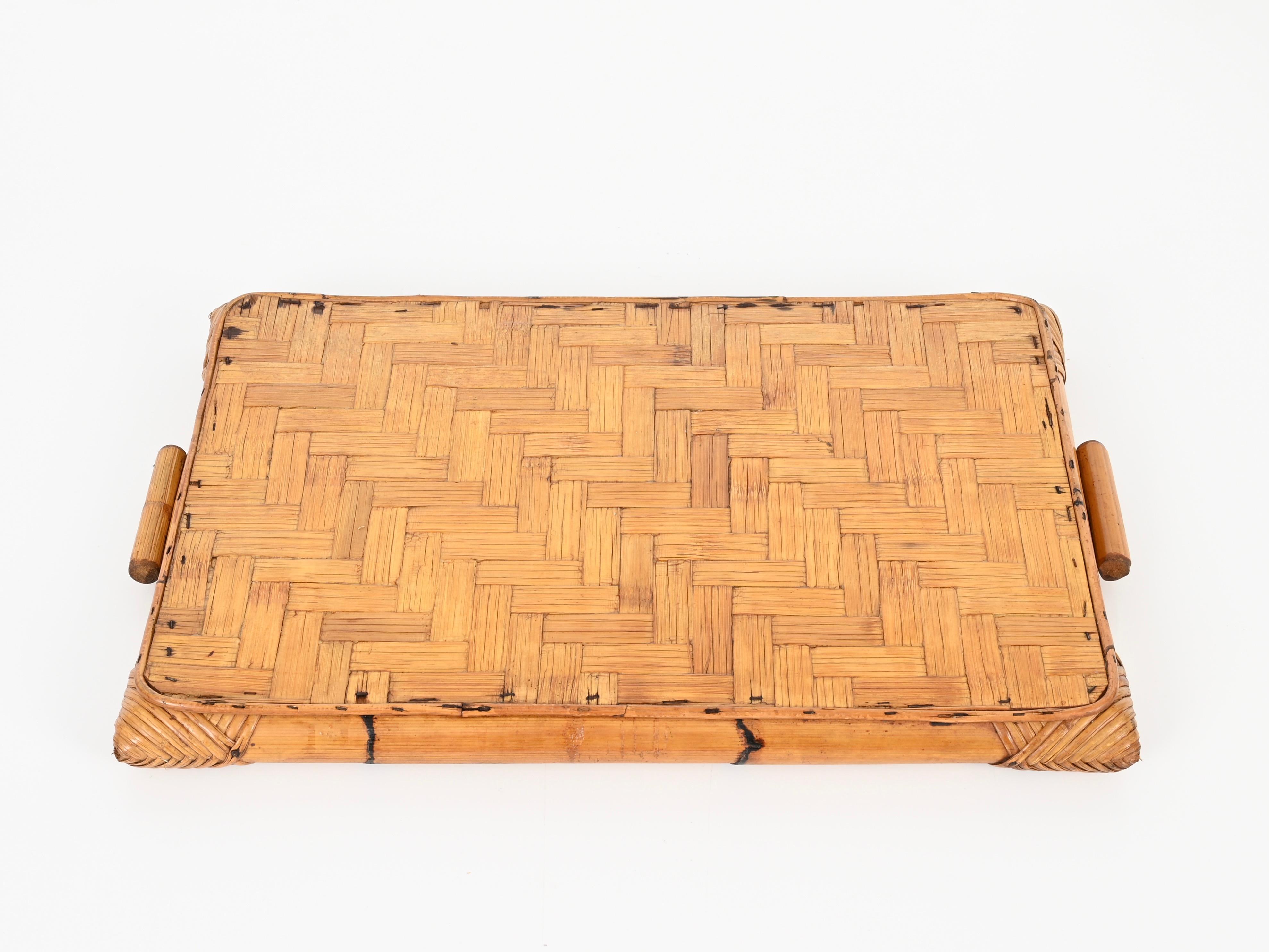 French Riviera Serving Tray in Rattan and Hand-Woven Wicker, Italy 1970s For Sale 4