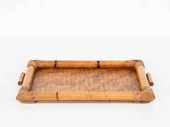 French Riviera Serving Tray in Rattan and Hand-Woven Wicker, Italy 1970s